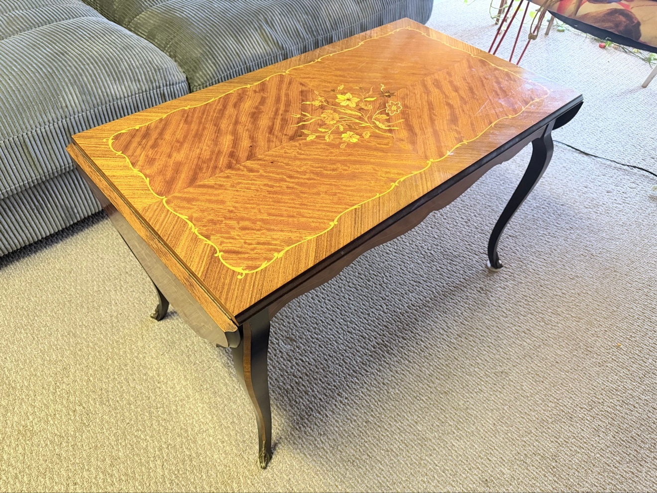 Vintage Drop-Leaf Coffee Table with Floral Inlay