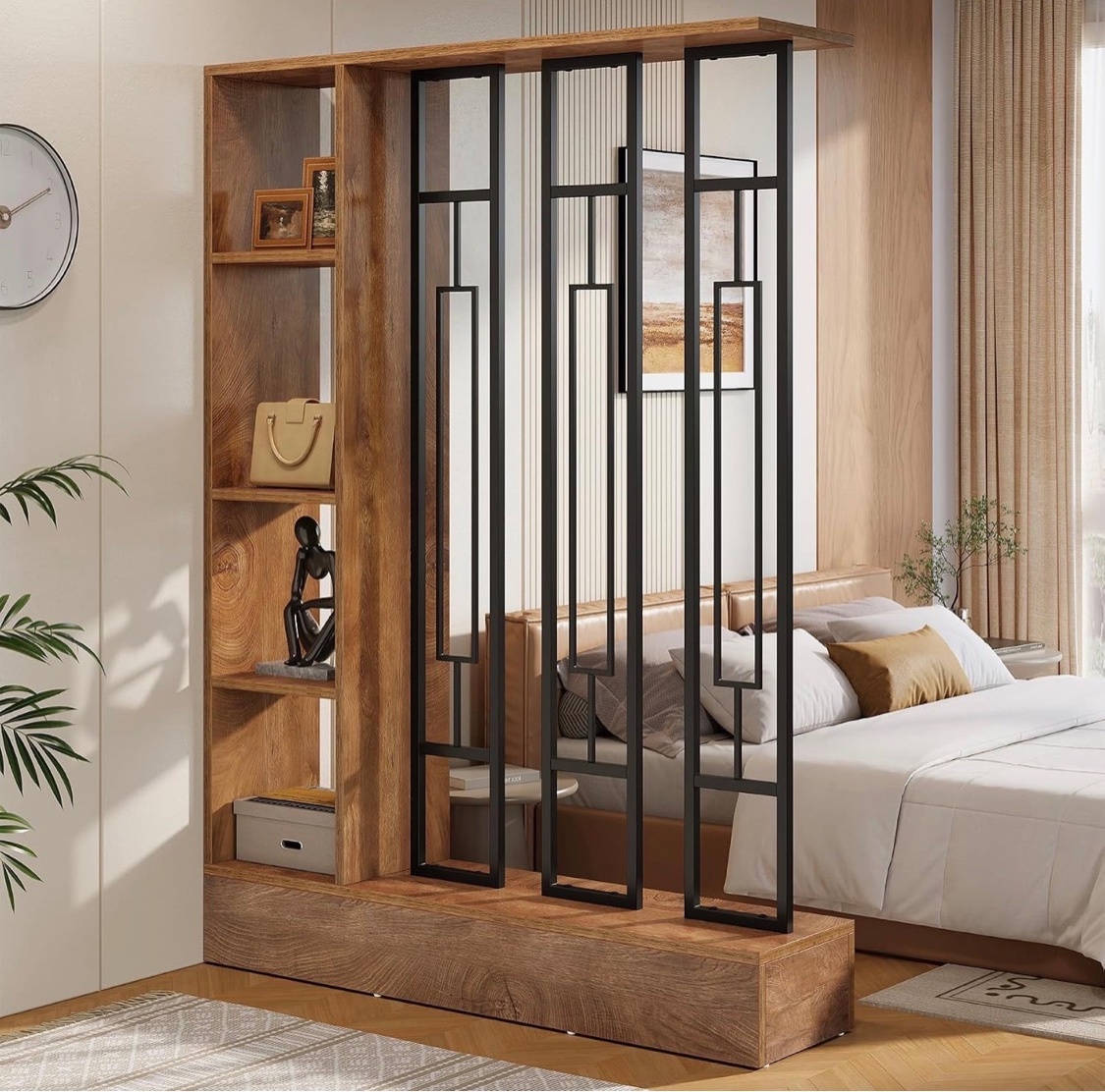 Room Divider with Shelves – Walnut & Black Metal – Brand New - photo 3