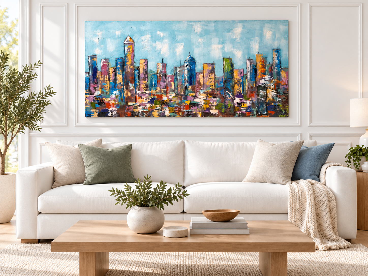 Colourful Cityscape Oil Painting – 60" × 30" – $85