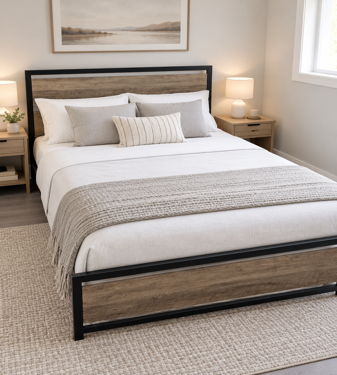 Queen Size Platform Bed Frame with Metal Frame & Wooden Boards - photo 3