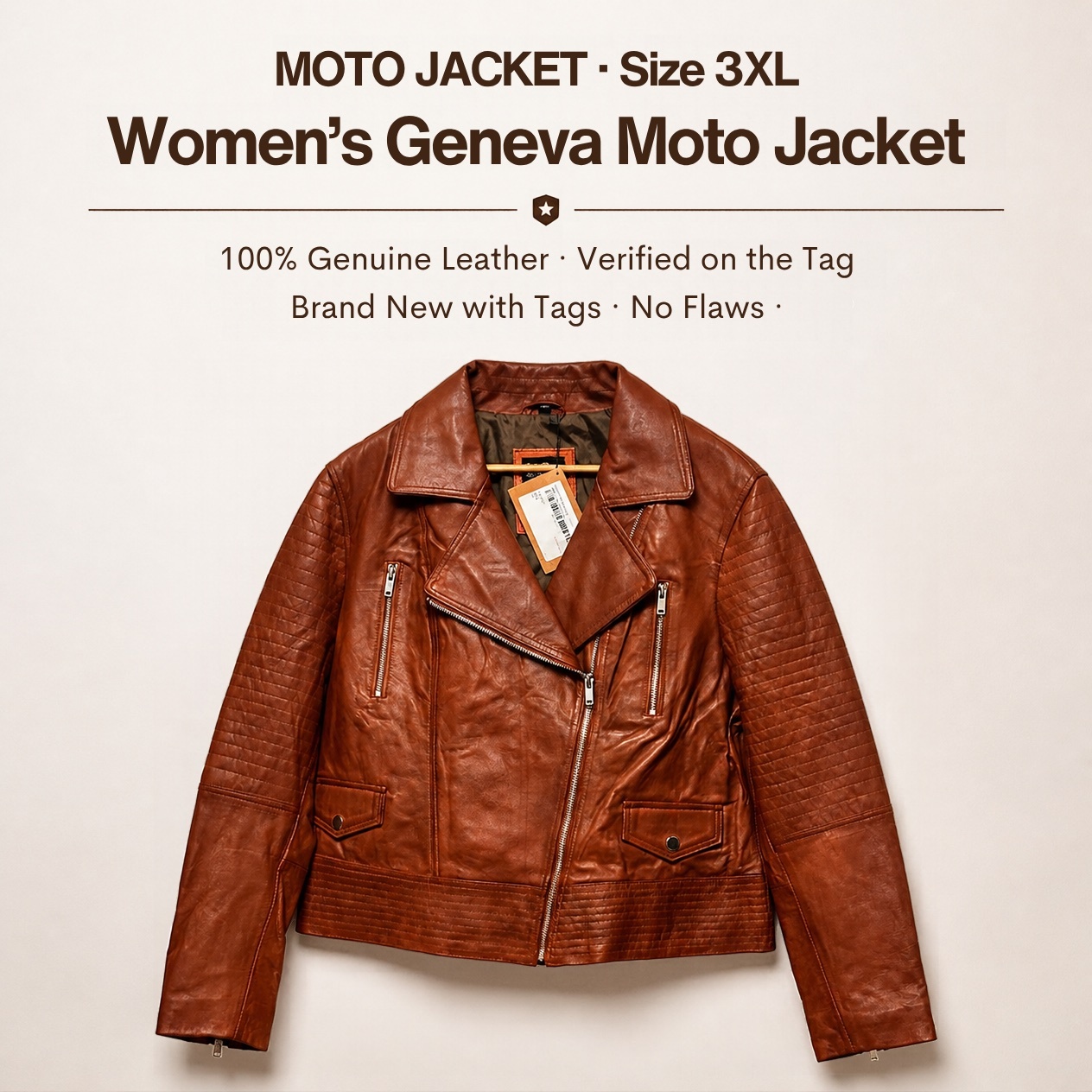 JKT-053 — Women's leather moto jacket — brand new, size 3XL