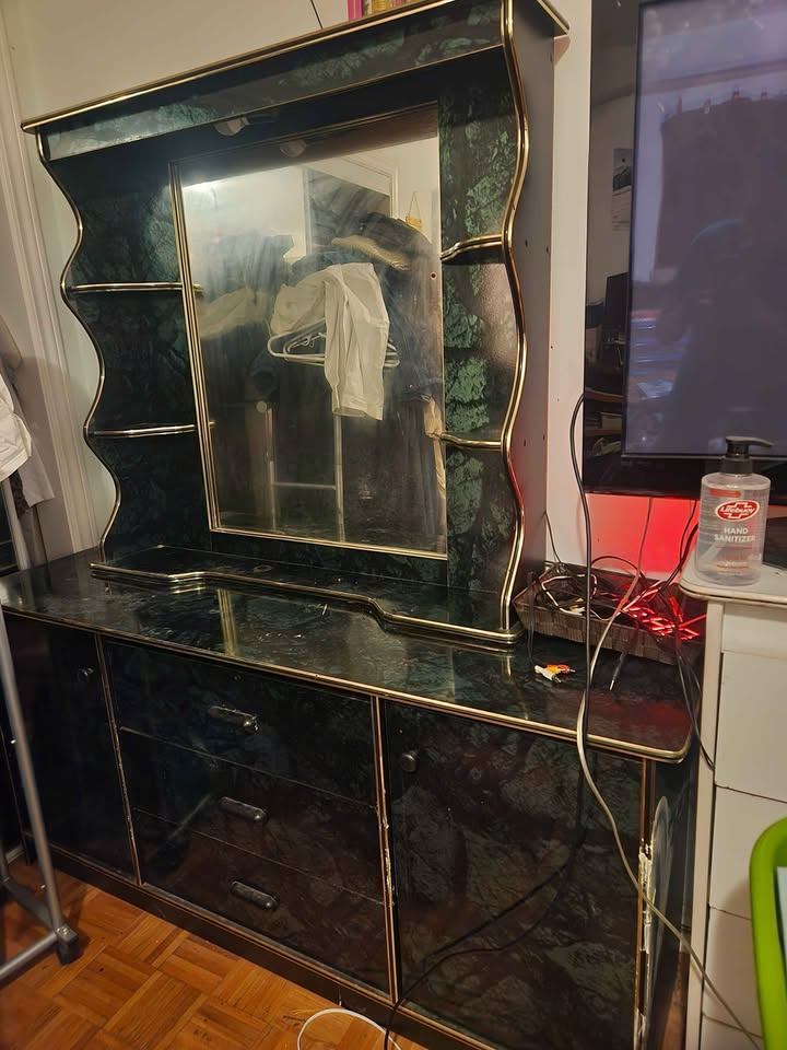 Vintage Black Lacquer Bedroom Set: Armoire, Night Table, Dresser