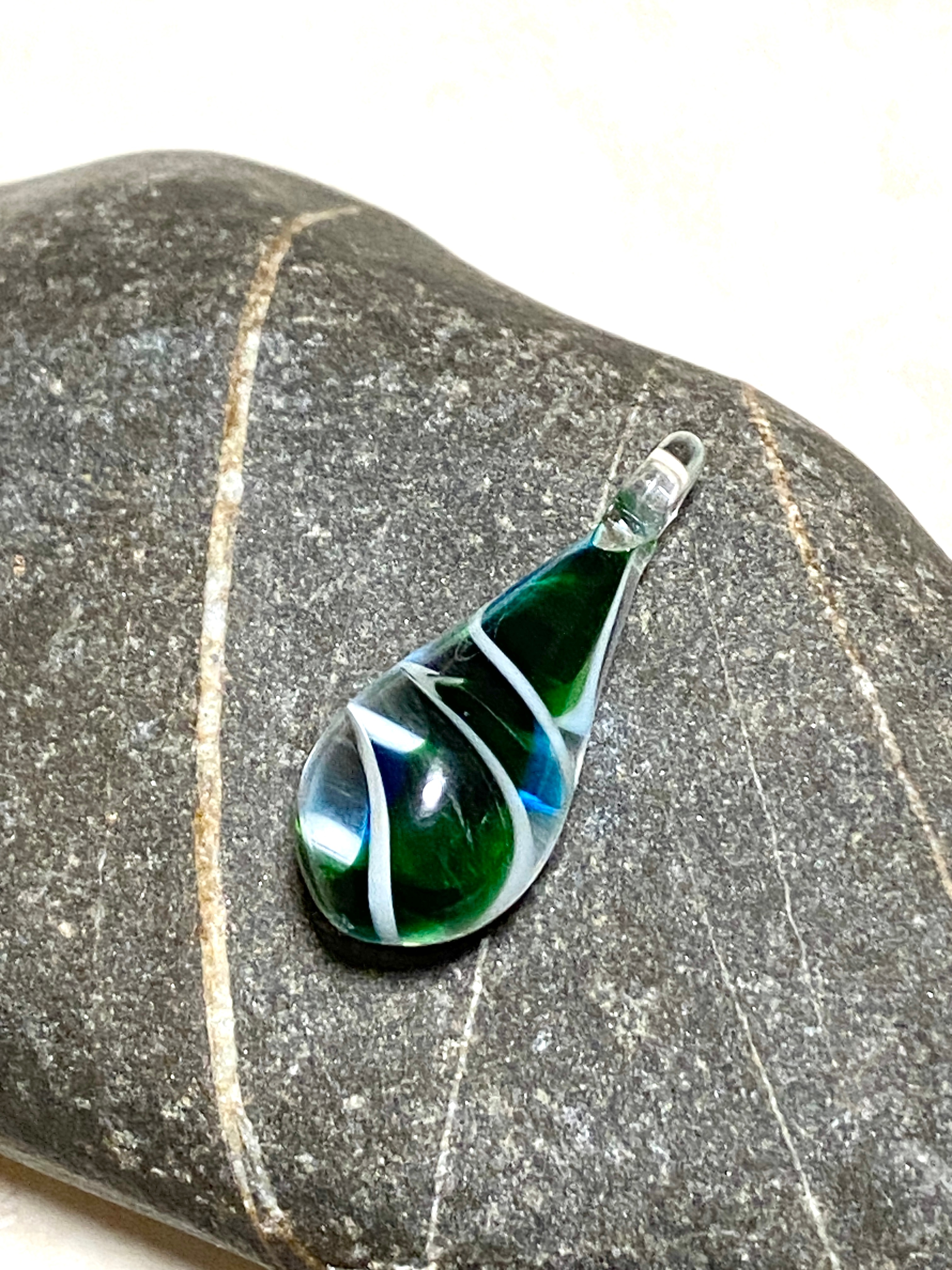 Swirled Dark Green Blue Glass Teardrop Pendant - photo 4