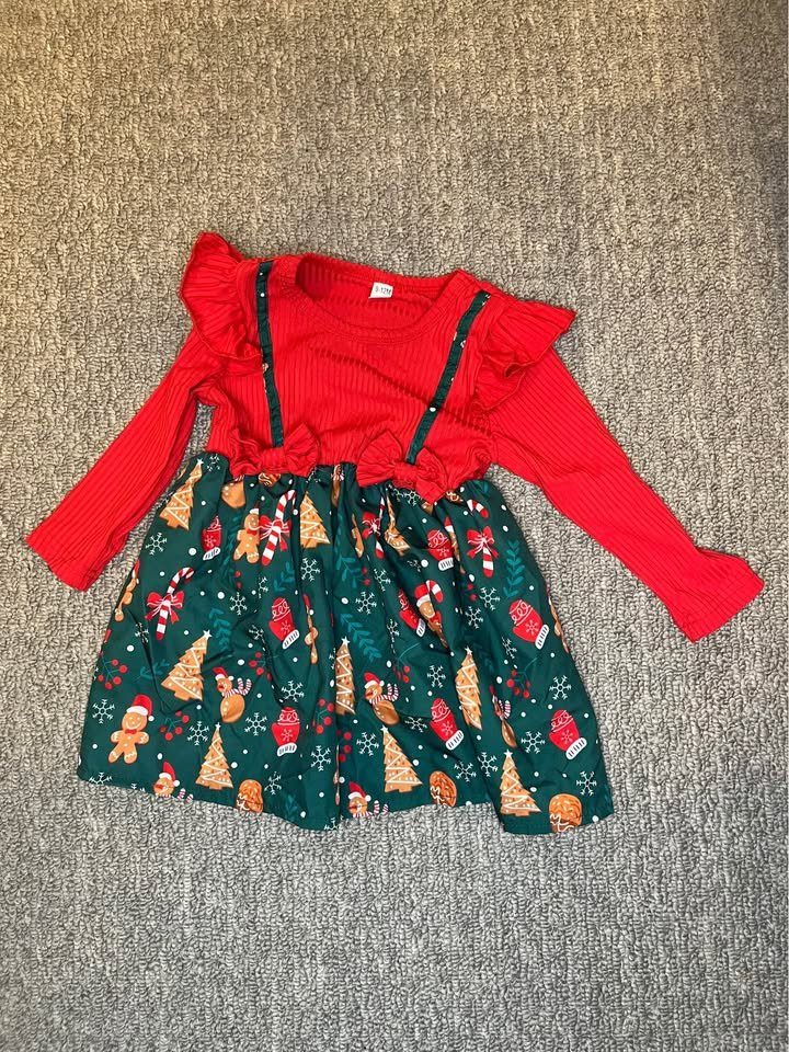 Baby Girl Christmas Dress 9-12M Red Ribbed Top Gingerbread Print