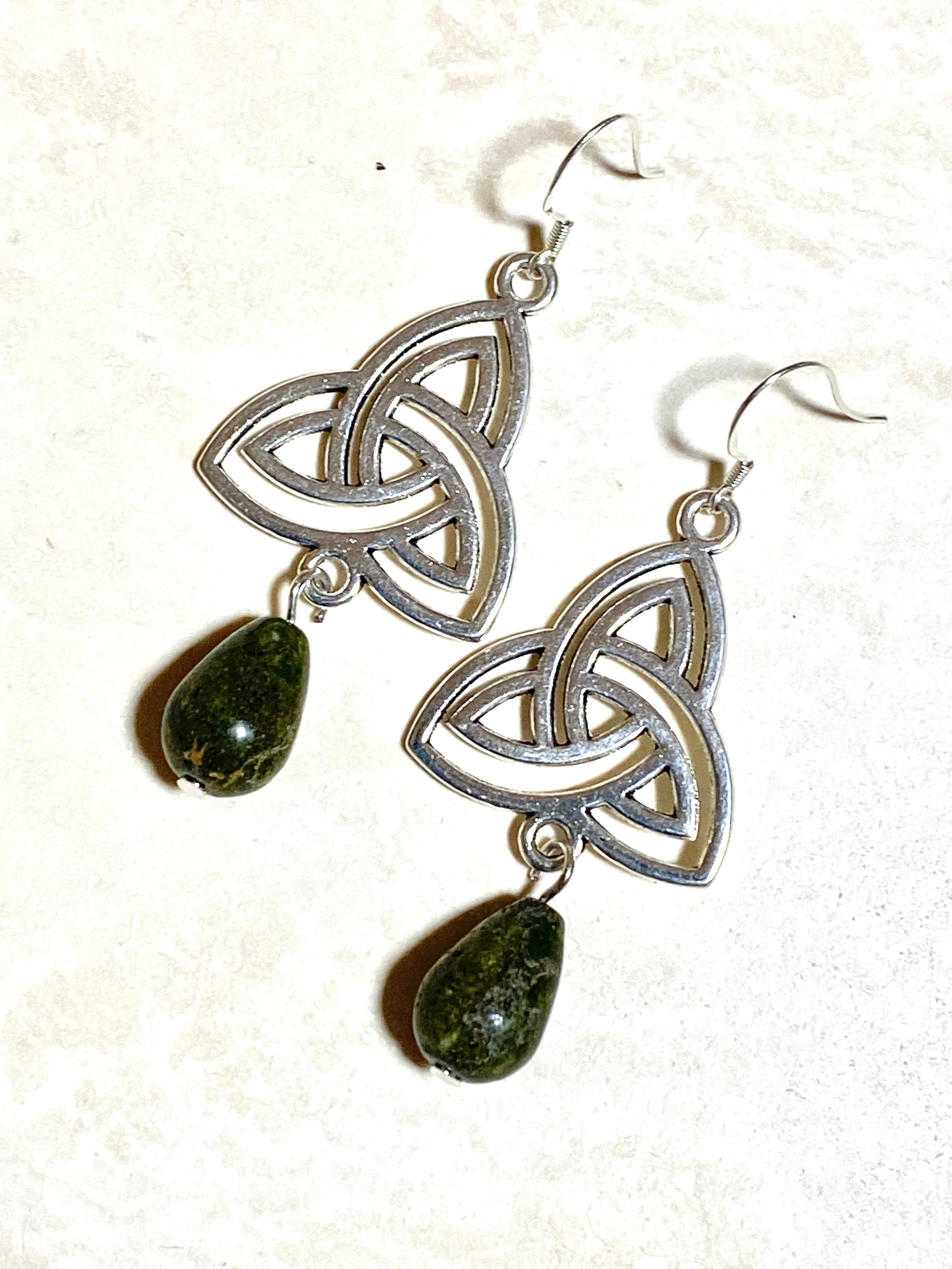 Dark Green Unakite Triqueta Earrings, Sterling Silver Hooks - photo 2