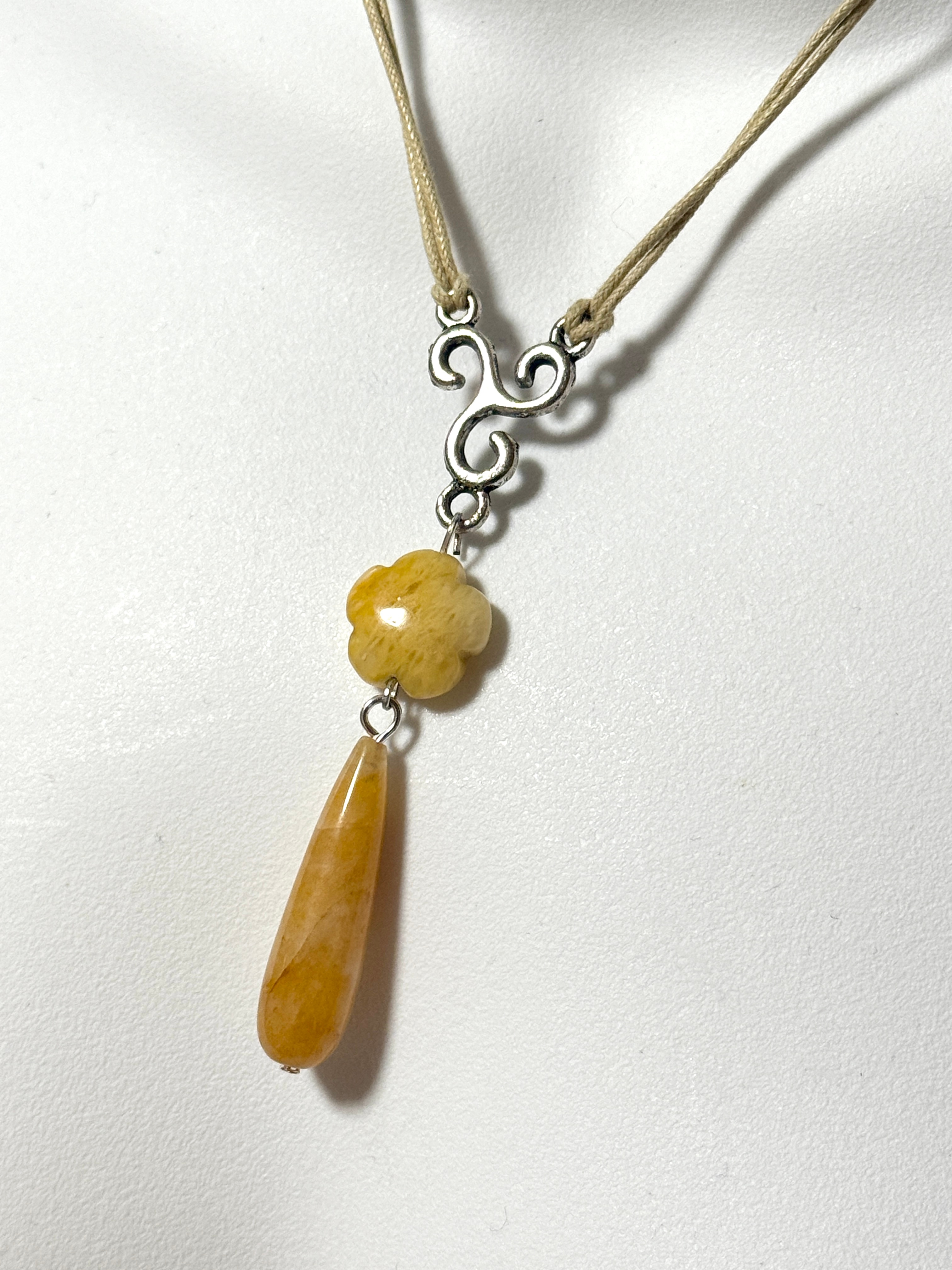 Yellow Orange Aventurine Flower Necklace, Beige Cord Necklace