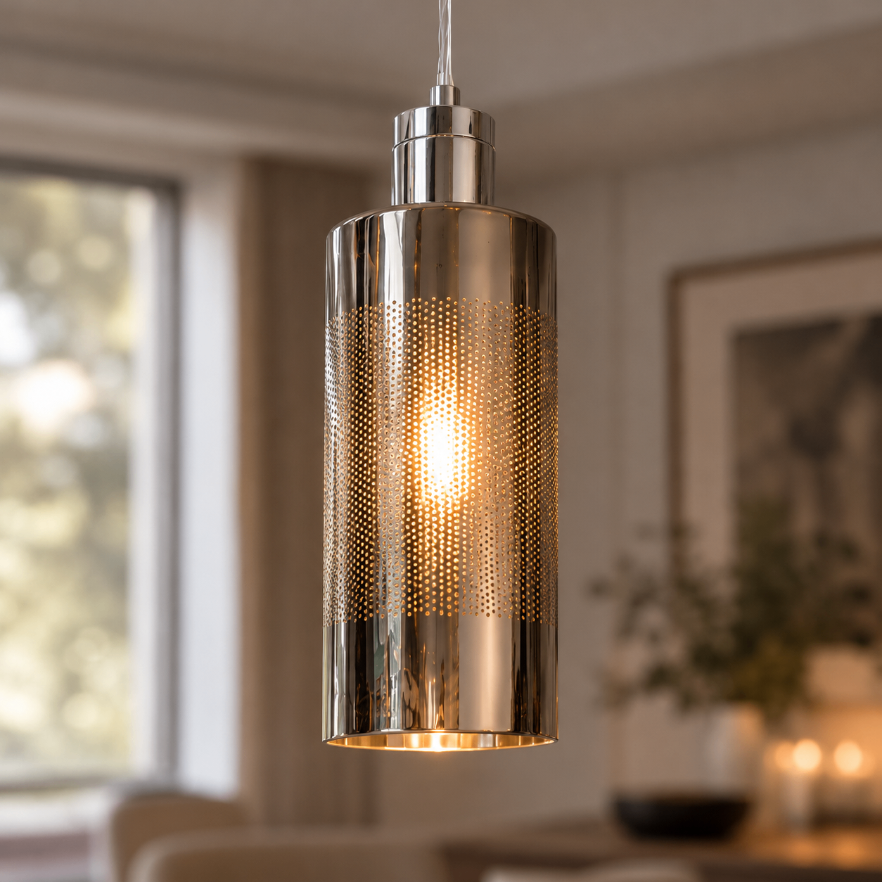 Smoked Chrome Glass Cylinder Pendant Light, Modern Hanging Lamp - photo 4