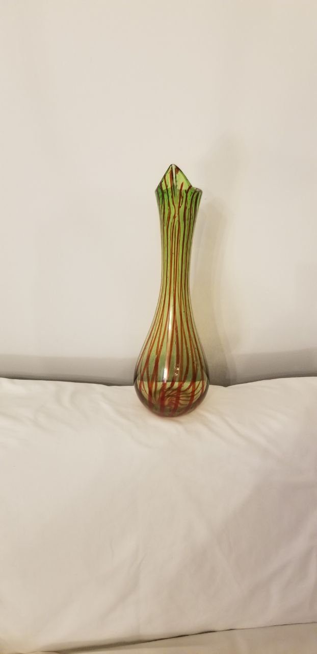Art Glass Vase – Green with Red Stripes, Tall