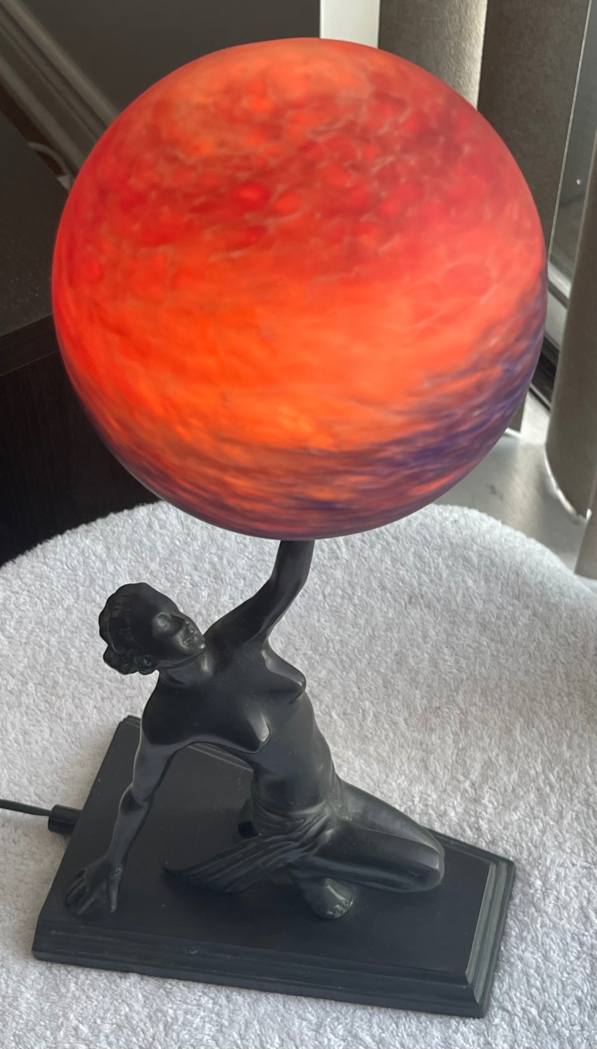 Vintage Art Deco Nymph Table Lamp - Sunset Art Glass Globe - photo 4
