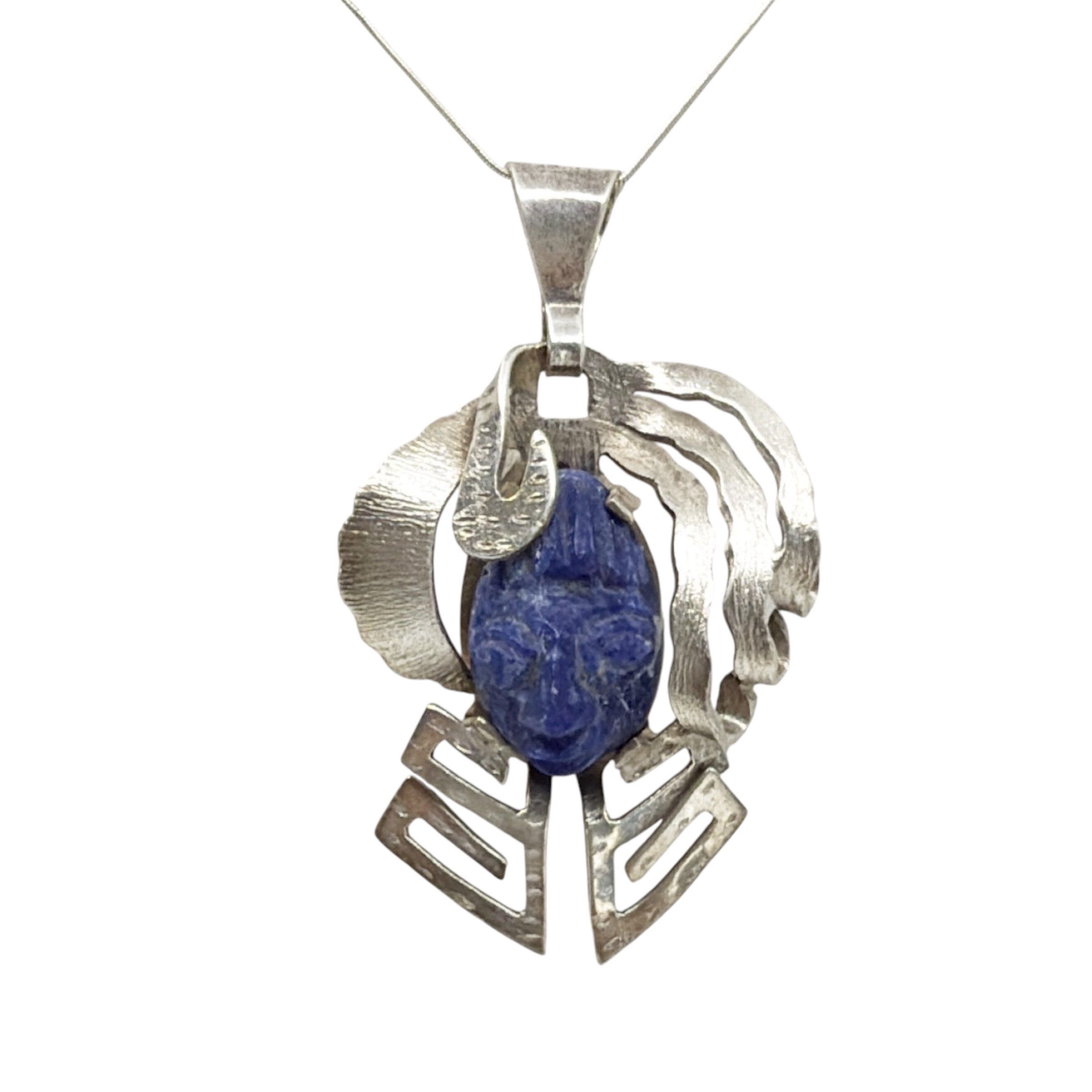 Vintage Taxco Mexico sterling silver azurite aztec mask pendant