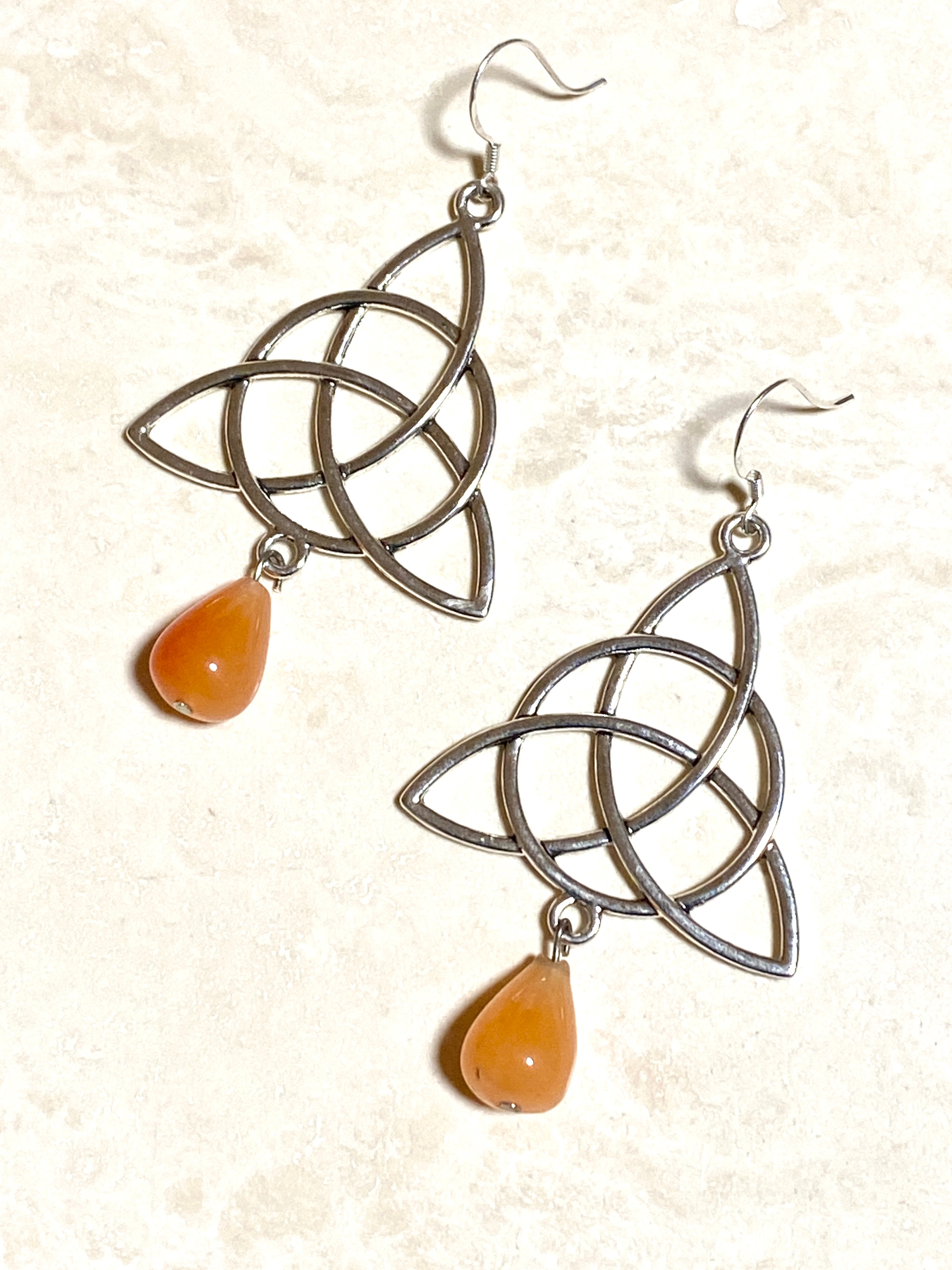 Orange Carnelian Agate Celtic Trinity Earrings, 925 Silver Hook - photo 2