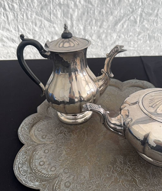 Vintage Silver-Plated Tea & Coffee Pot Set, Engraved Brass Tray - photo 2
