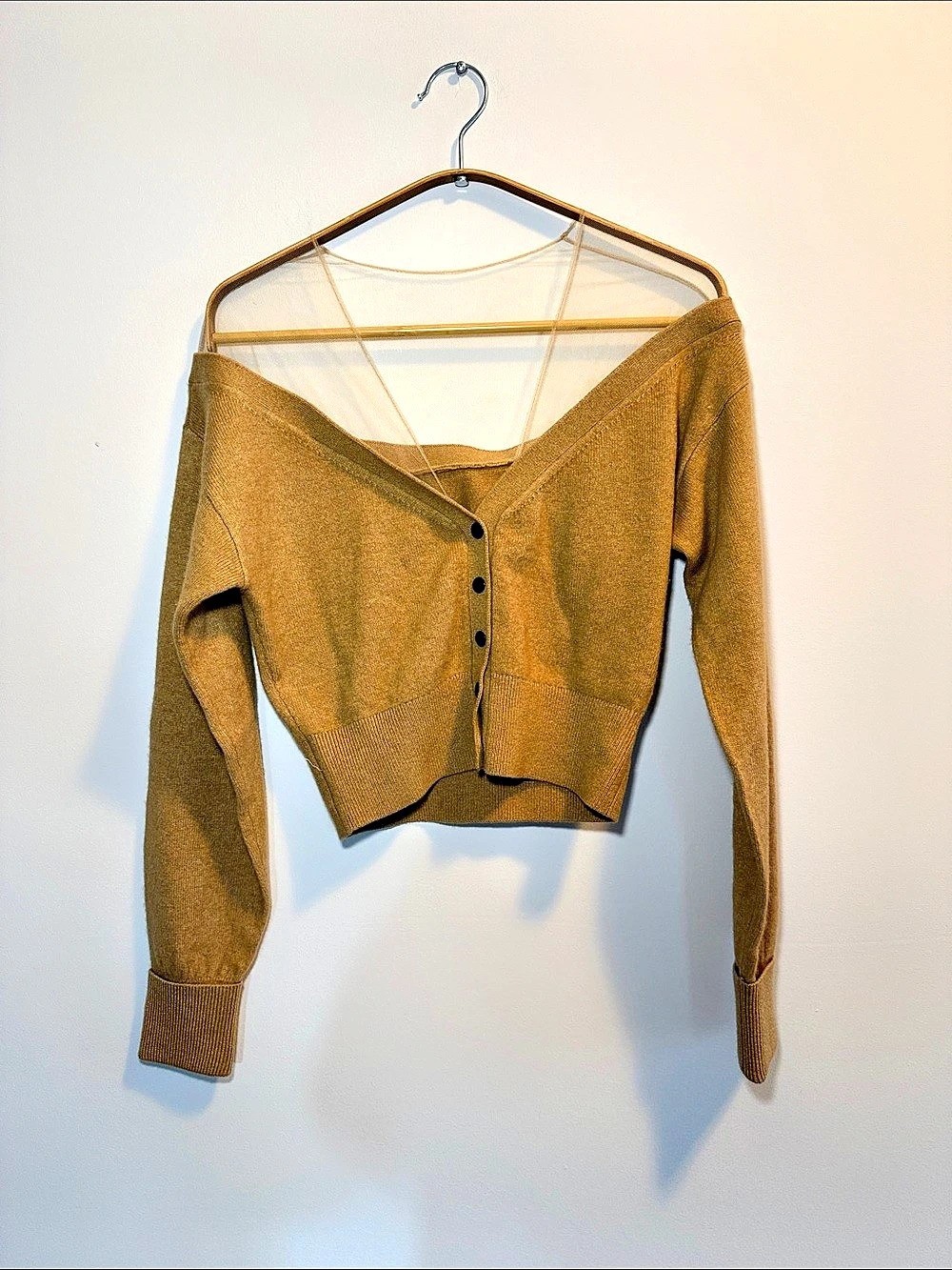 AW inspired Brown Mesh Cashmere blend Button-Front Crop Cardigan