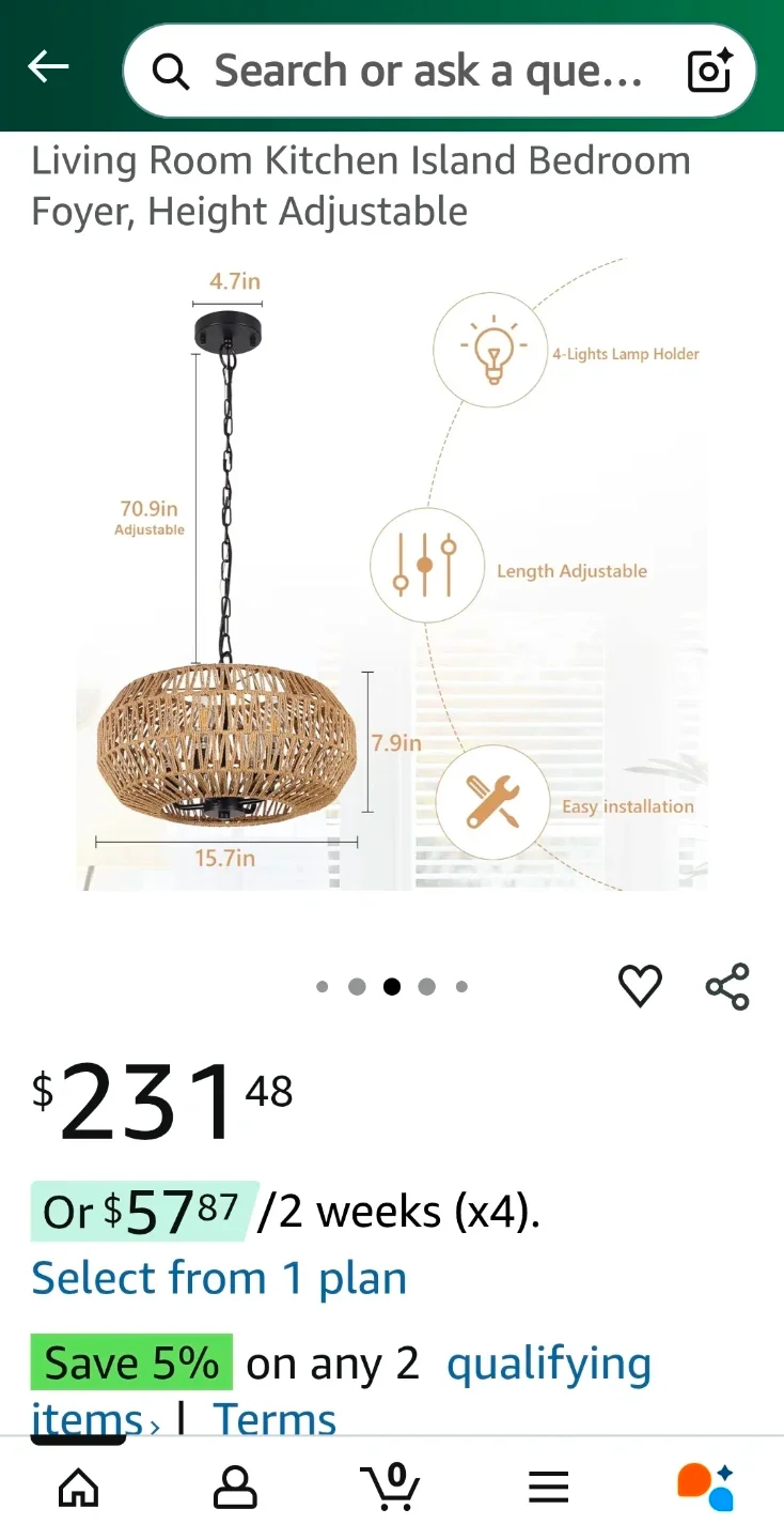 Wicker Hand Woven Basket Pendant Light ew in Box - photo 3