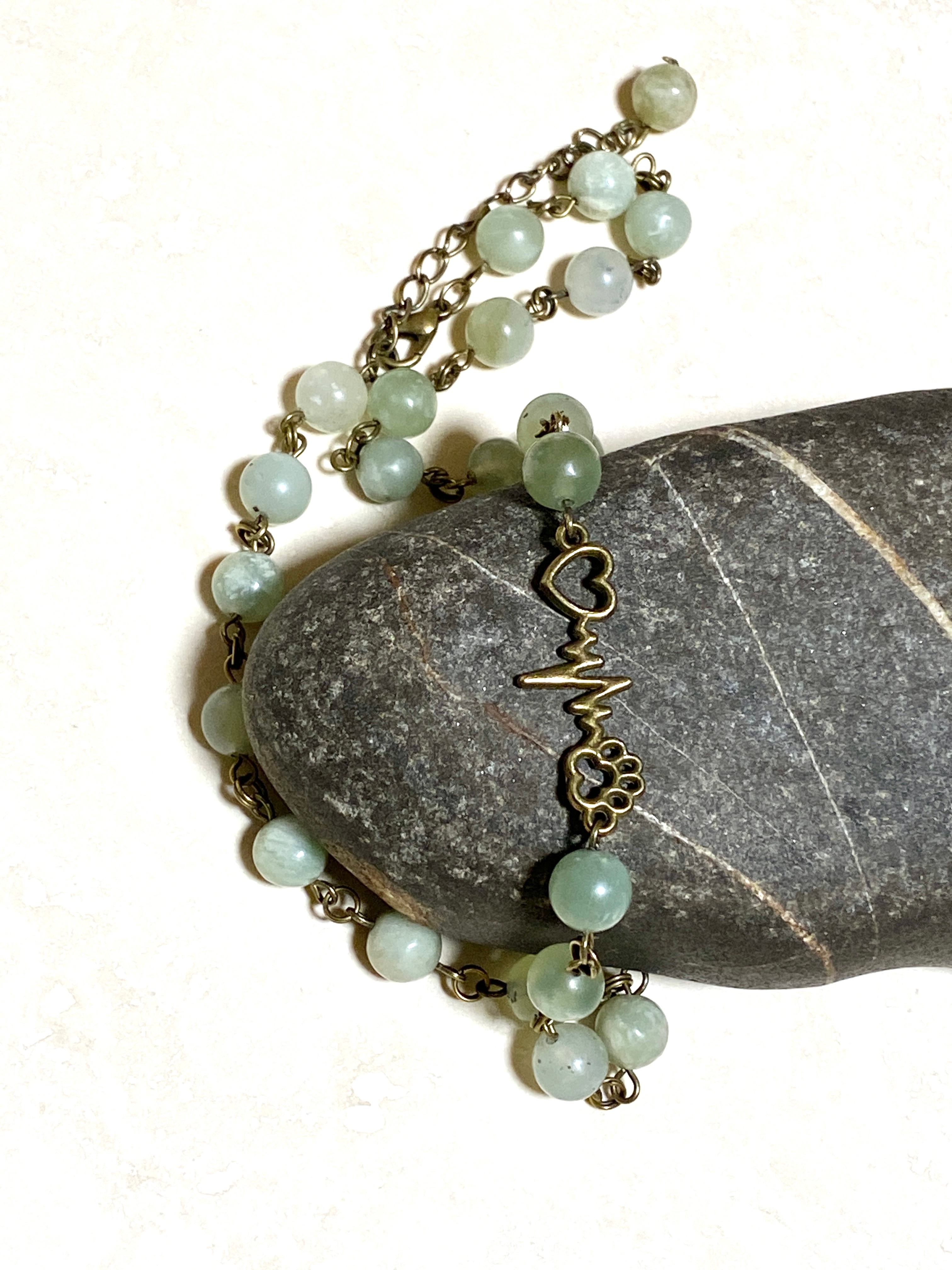 Mint Green Serpentine Necklace, Bronze Paw Print Heart Beat - photo 3