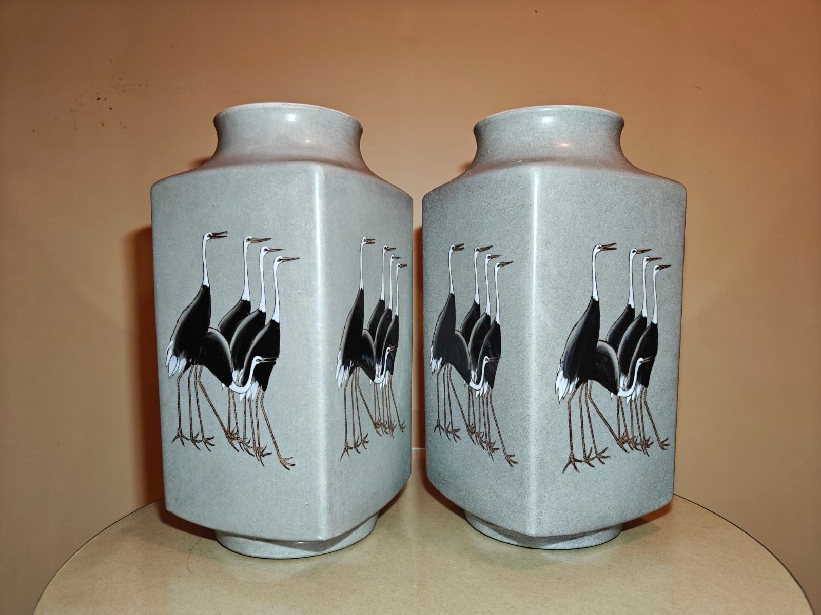 Pair of Vintage "Made in Hong Kong" Square Crane Vases
