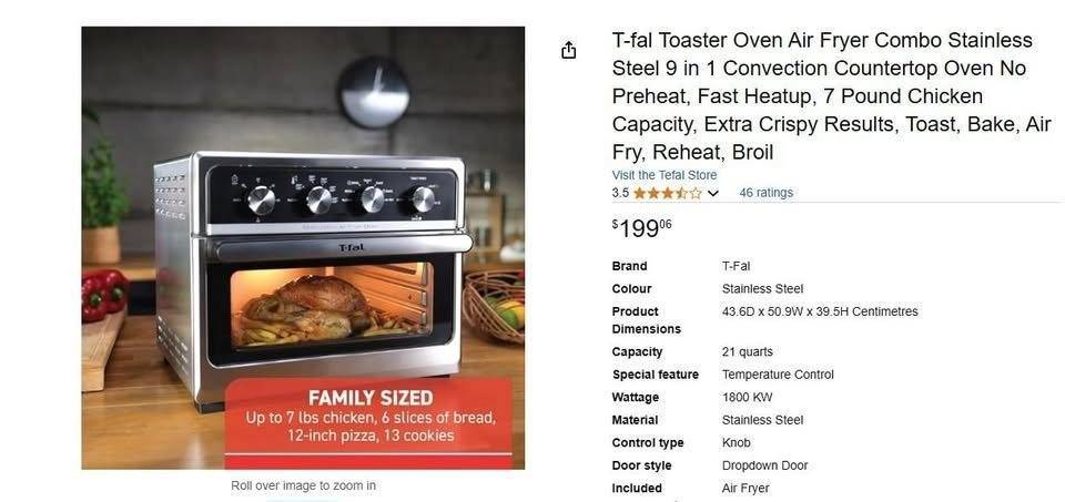 T-fal Toaster Oven Air Fryer Combo Stainless Steel 9 in 1, - photo 4