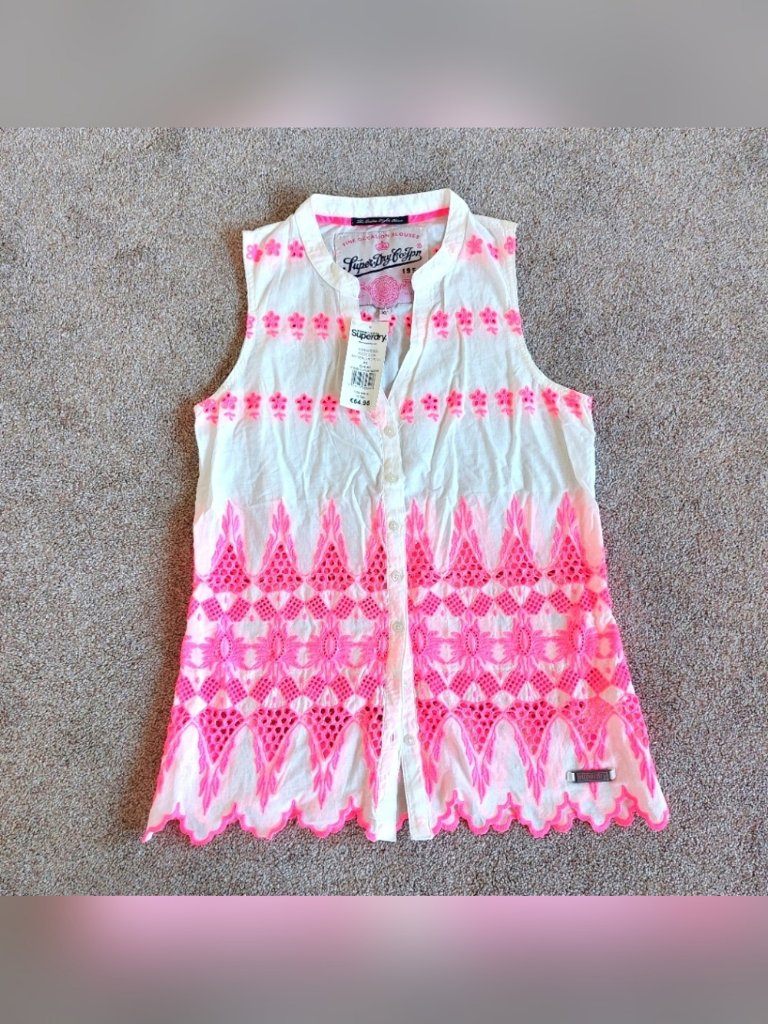 Superdry Pink White Cotton Button Down Sleeveless Top XS NWT