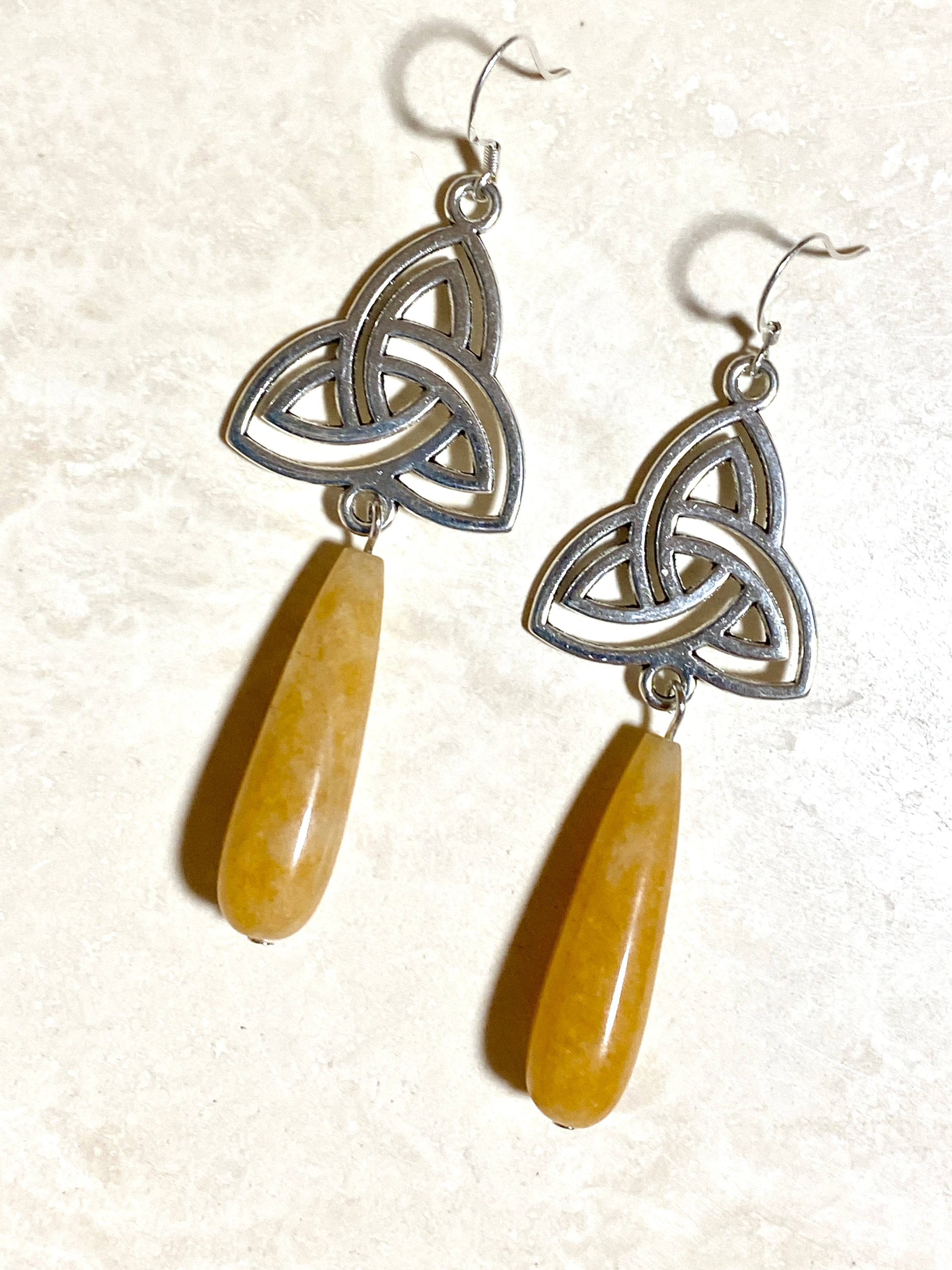 Yellow Orange Aventurine Triqueta Earrings, 925 Silver Hooks - photo 2