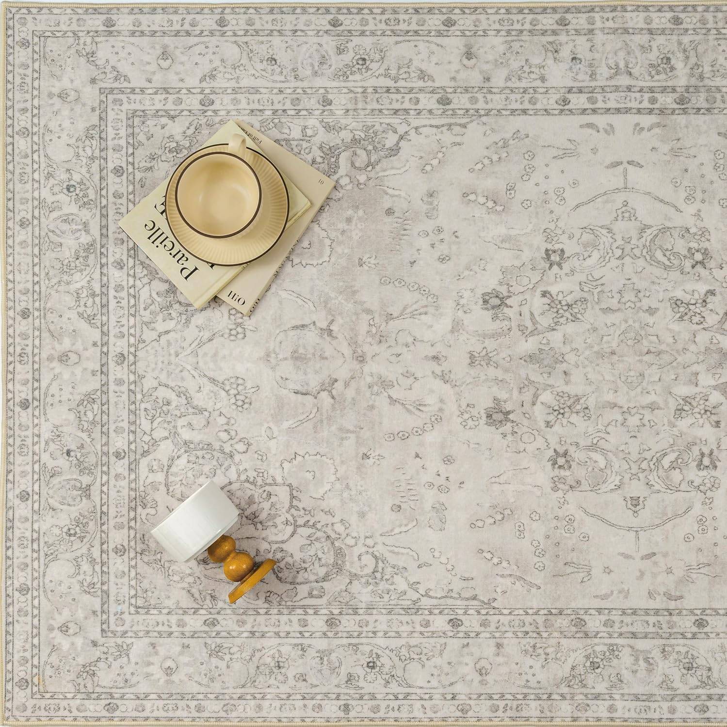 6x9 Rug Washable Beige Vintage Floral - photo 2
