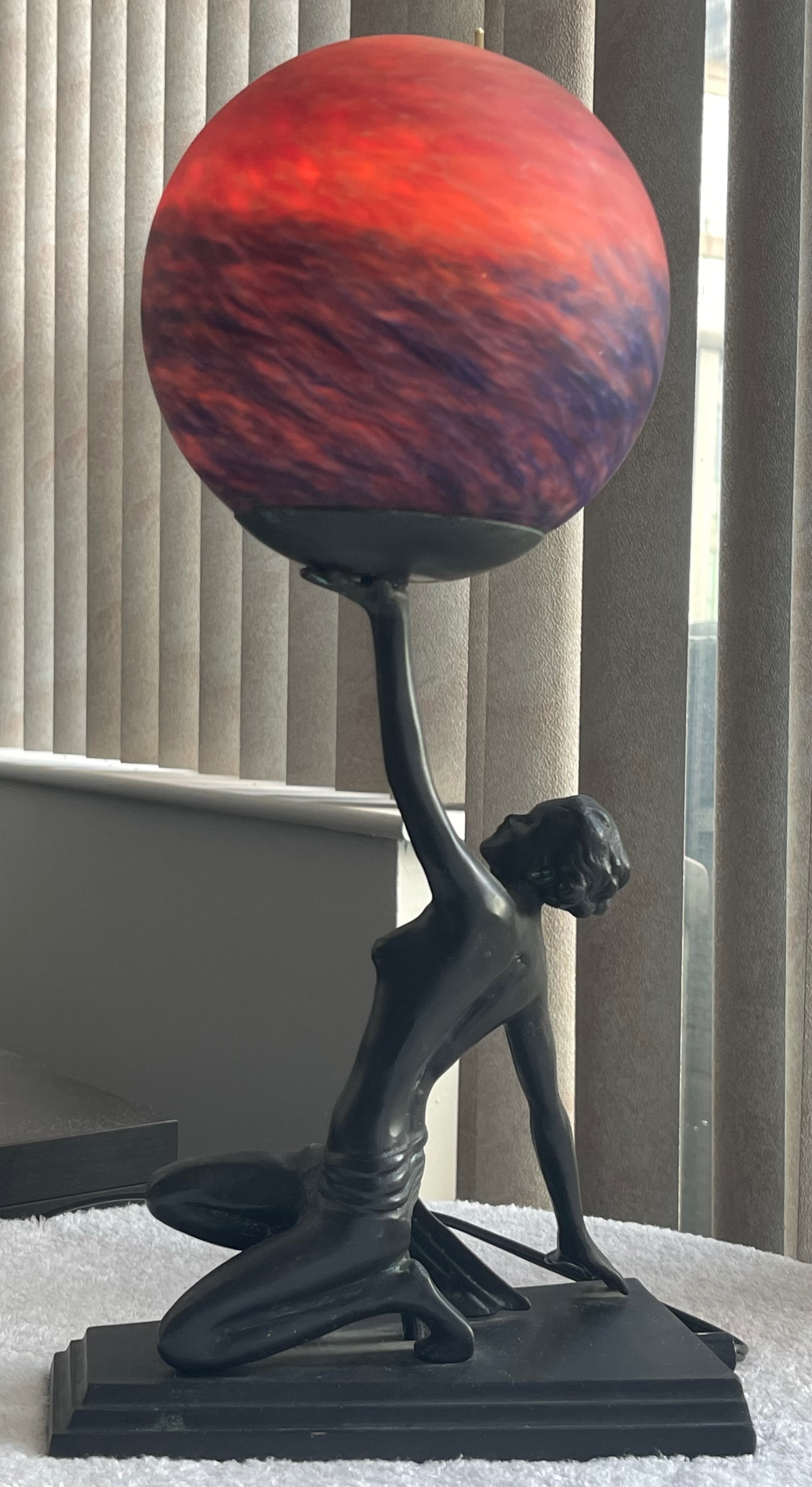Vintage Art Deco Nymph Table Lamp - Sunset Art Glass Globe - photo 5