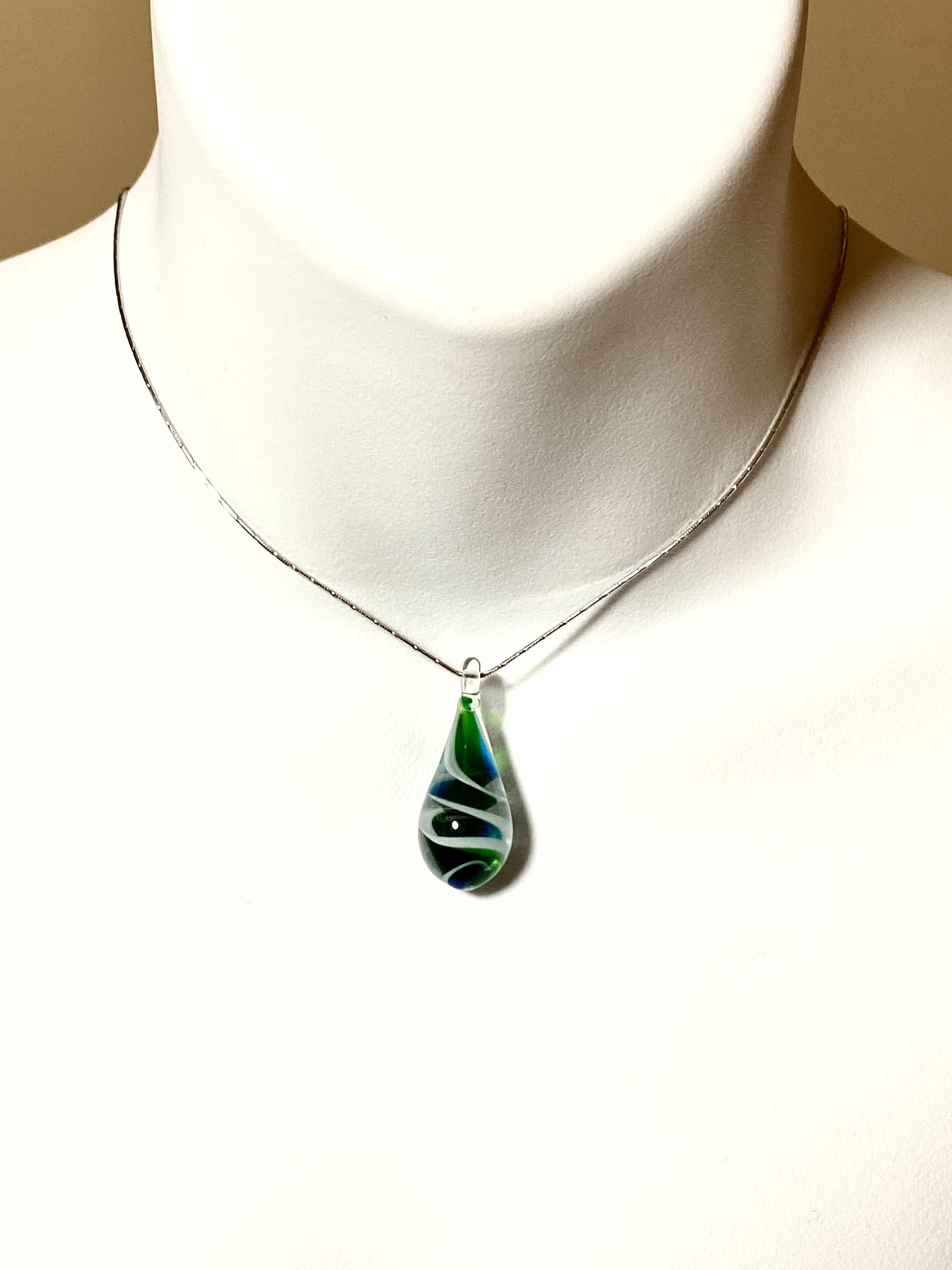 Swirled Dark Green Blue Glass Teardrop Pendant - photo 5