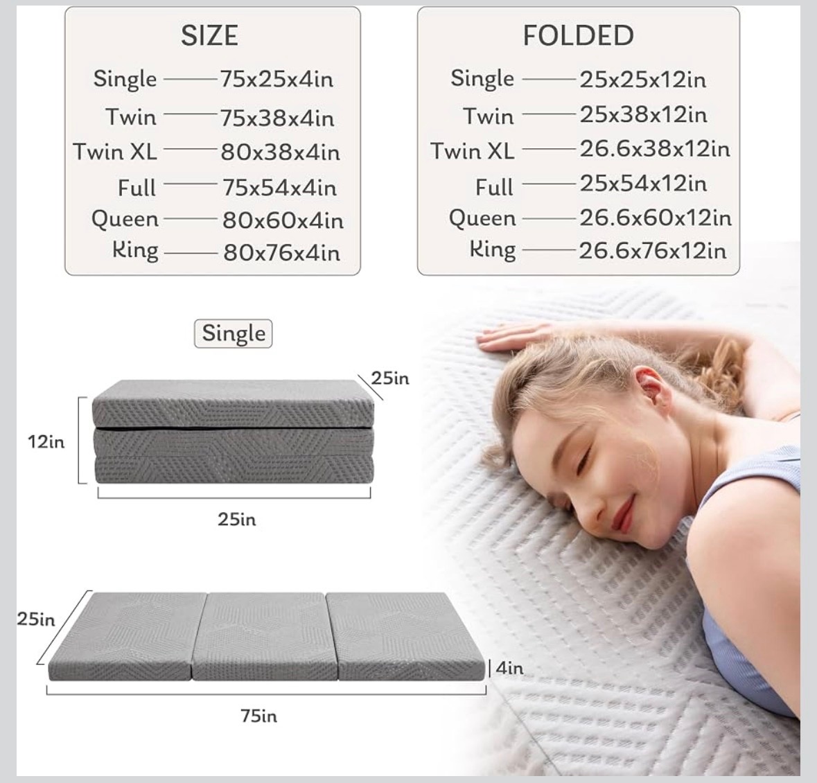 Foldable Single Gel Memory Foam Mattress, Washable Cover