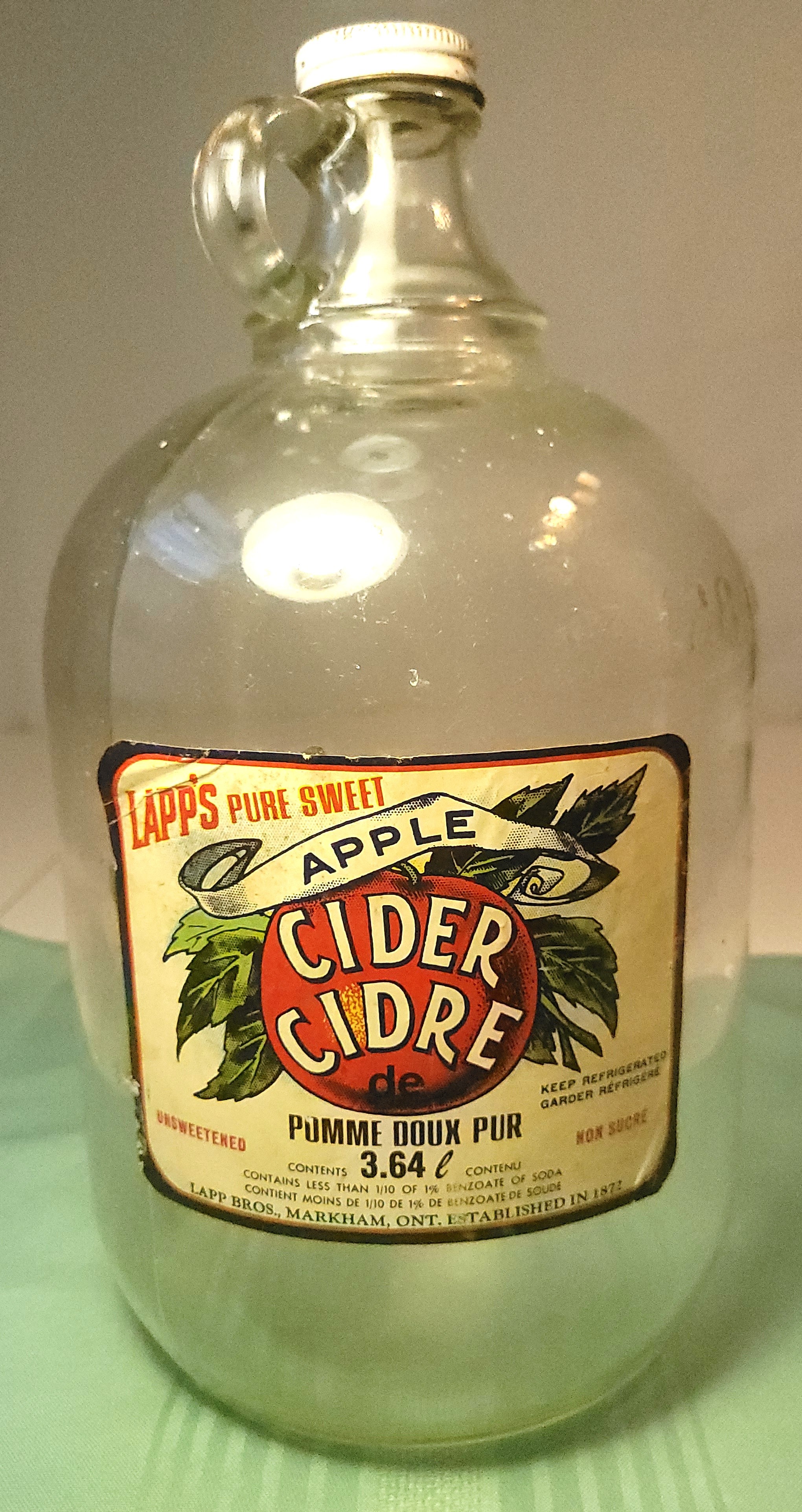 1970s Lapps Pure Sweet Apple Cider 1 Gallon Clear Glass Jug