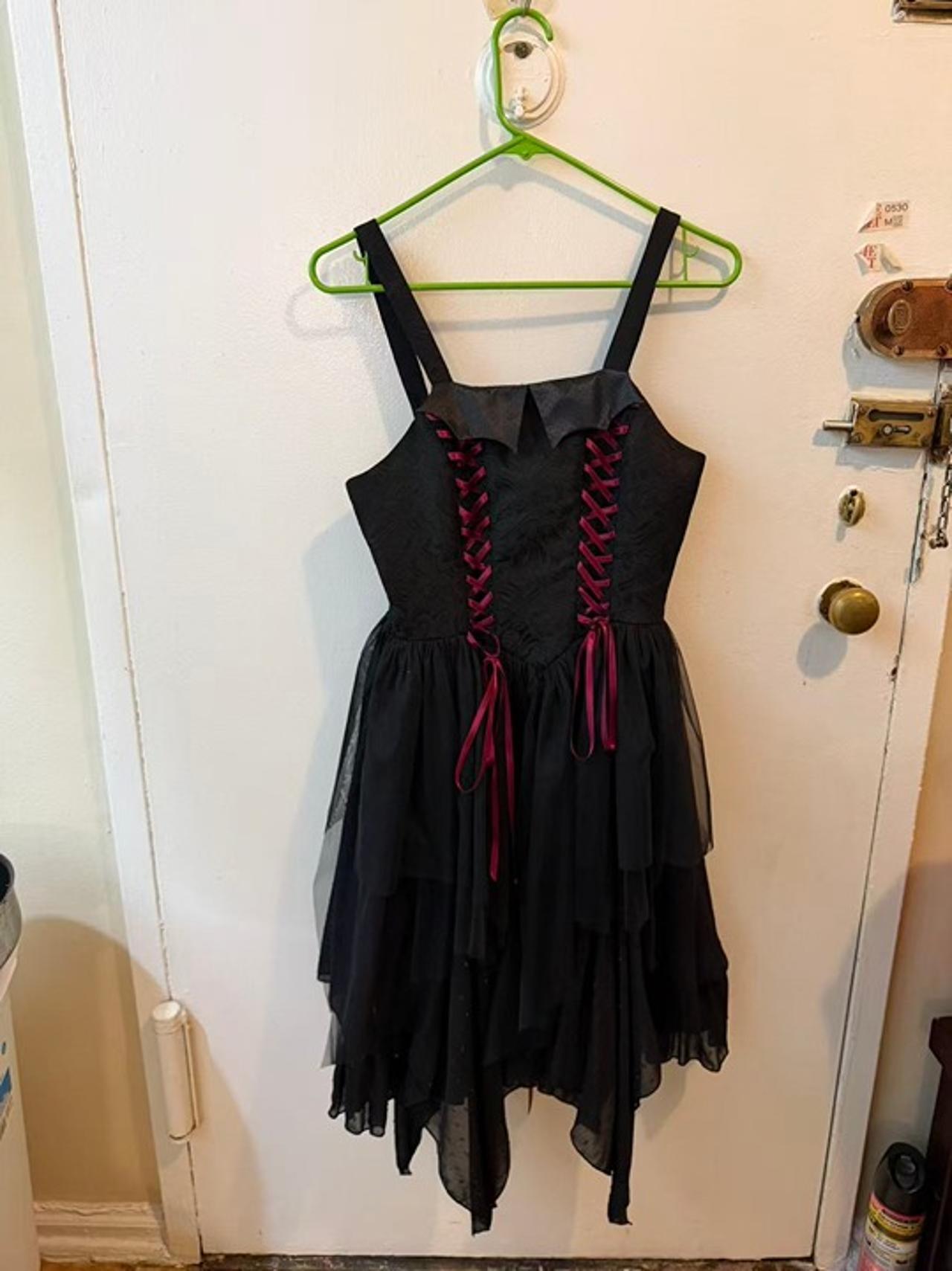 Black Gothic Corset Lolita Dress Red Lace-Up - Size S