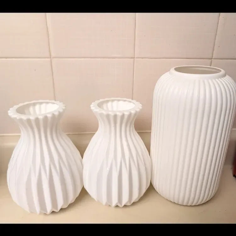 Set of Three White Textured Vases