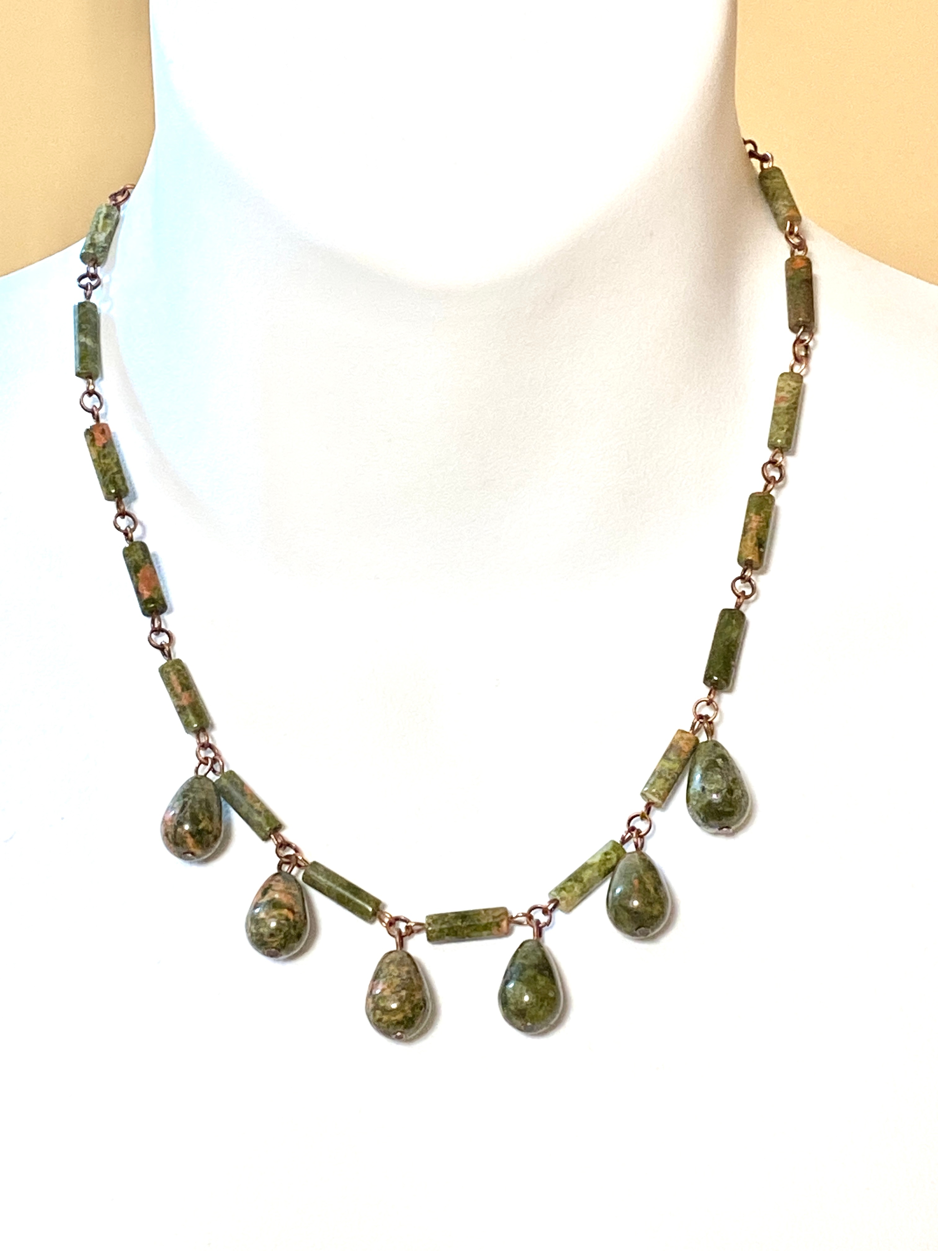 Rustic Natural Green Unakite Necklace, Copper Links - photo 2