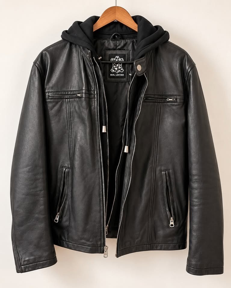 Men’s Black Genuine Leather Jacket w/ Removable Hood – Size L