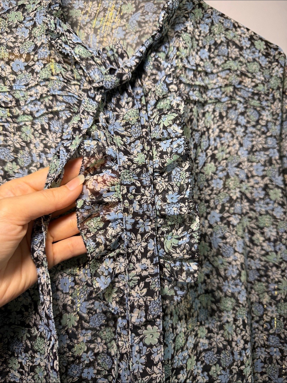 Maje Black Sheer Floral Tie-Neck Blouse with Light Blue Print - photo 3