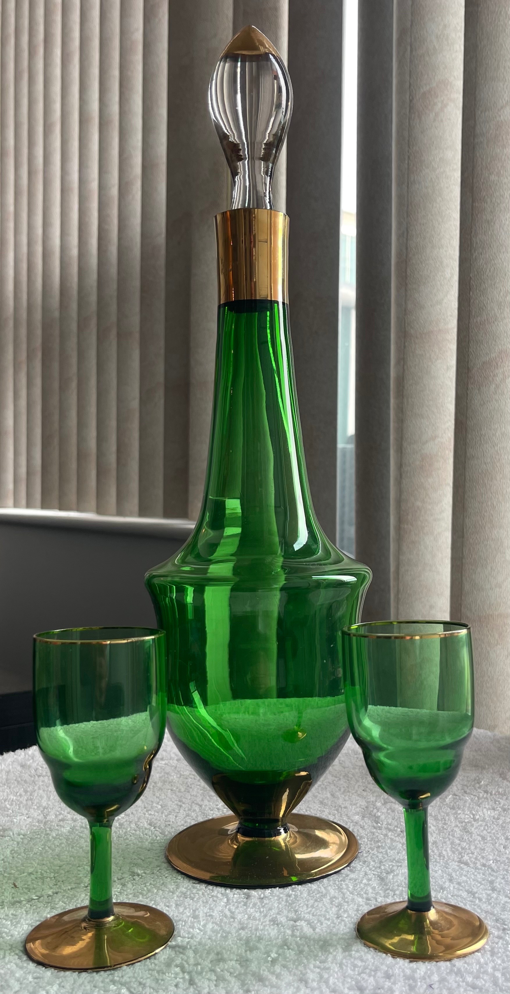 Vintage MCM Emerald Green & Gold Decanter Set