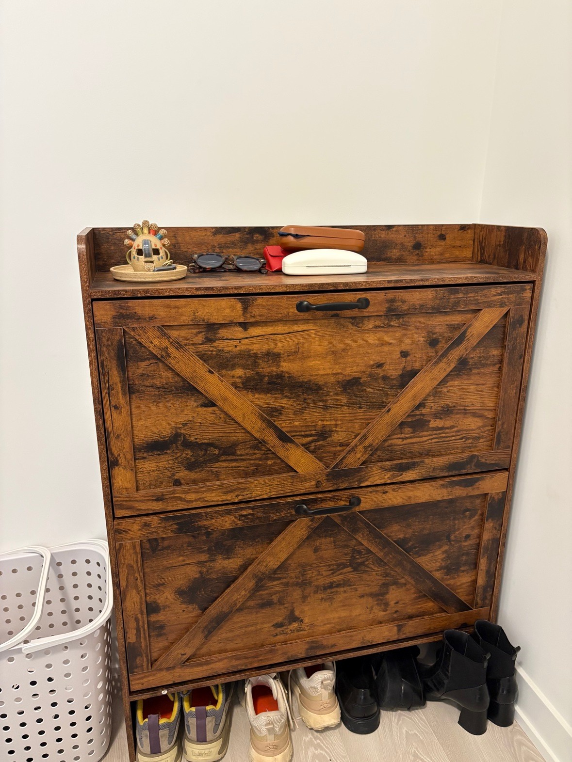 Shoe Cabinet with 2 Flip Drawers – Rustic Brown (Like New)