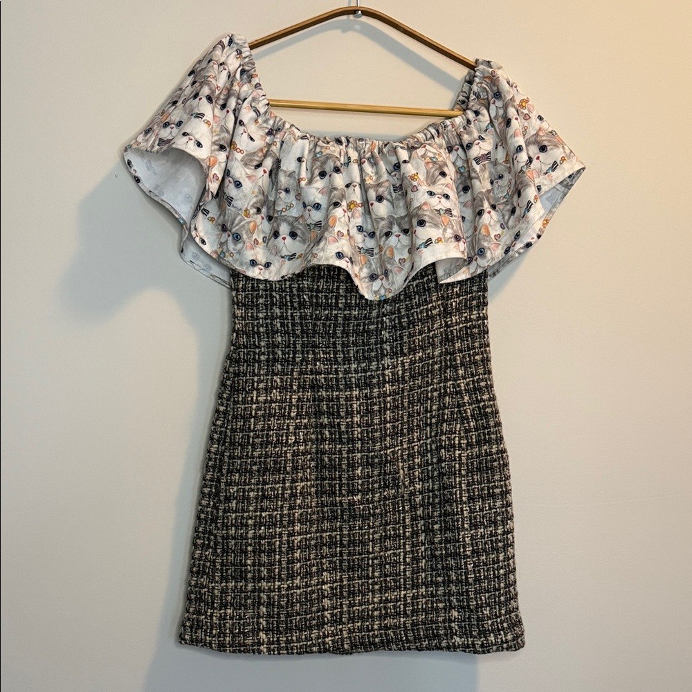 Cute Cat Print Off the Shoulder Tweet Mini Dress - photo 3