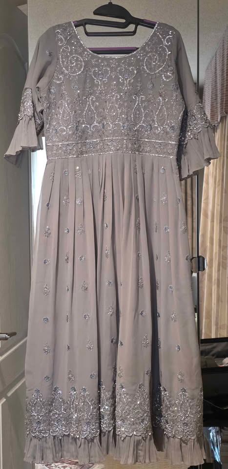 Grey Embroidered Sequin Anarkali Dress