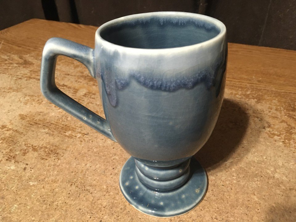 VINTAGE BLUE GLAZED POTTERY IRISH COFFEE PEDESTAL MUG - photo 2