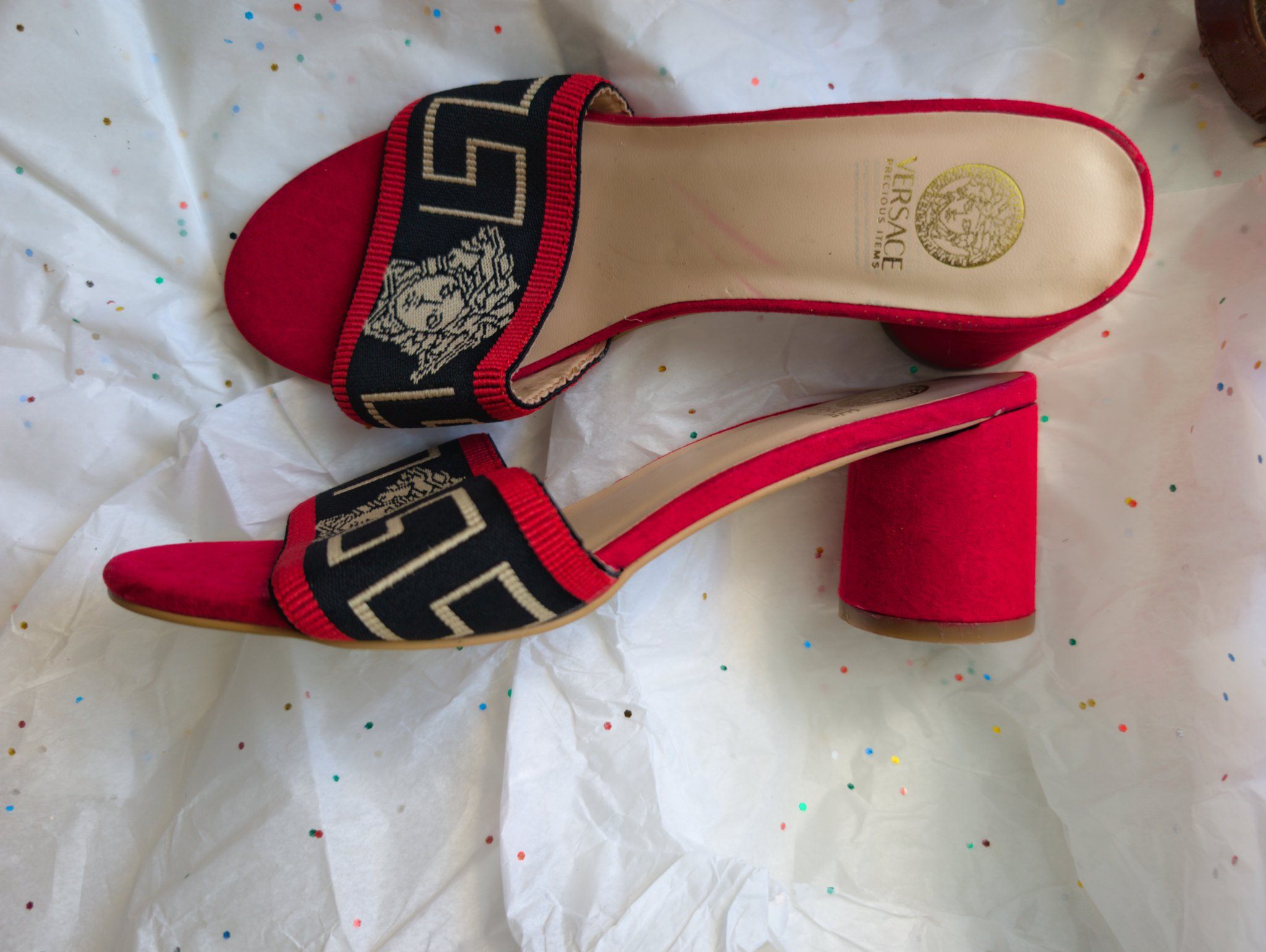 Red Block-Heel Mules with Greek-Key Strap