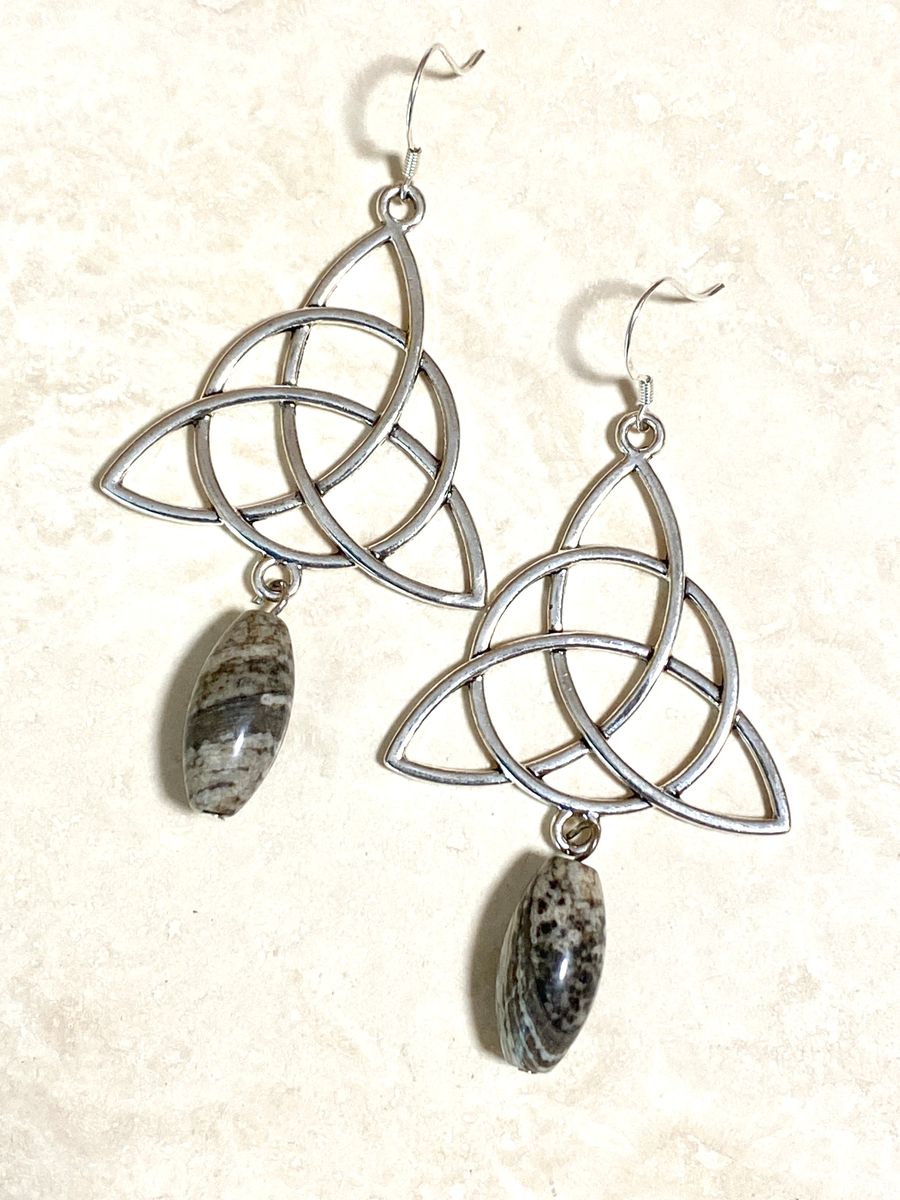 Earthy Picasso Stone Celtic Trinity Earrings, 925 Silver Hooks