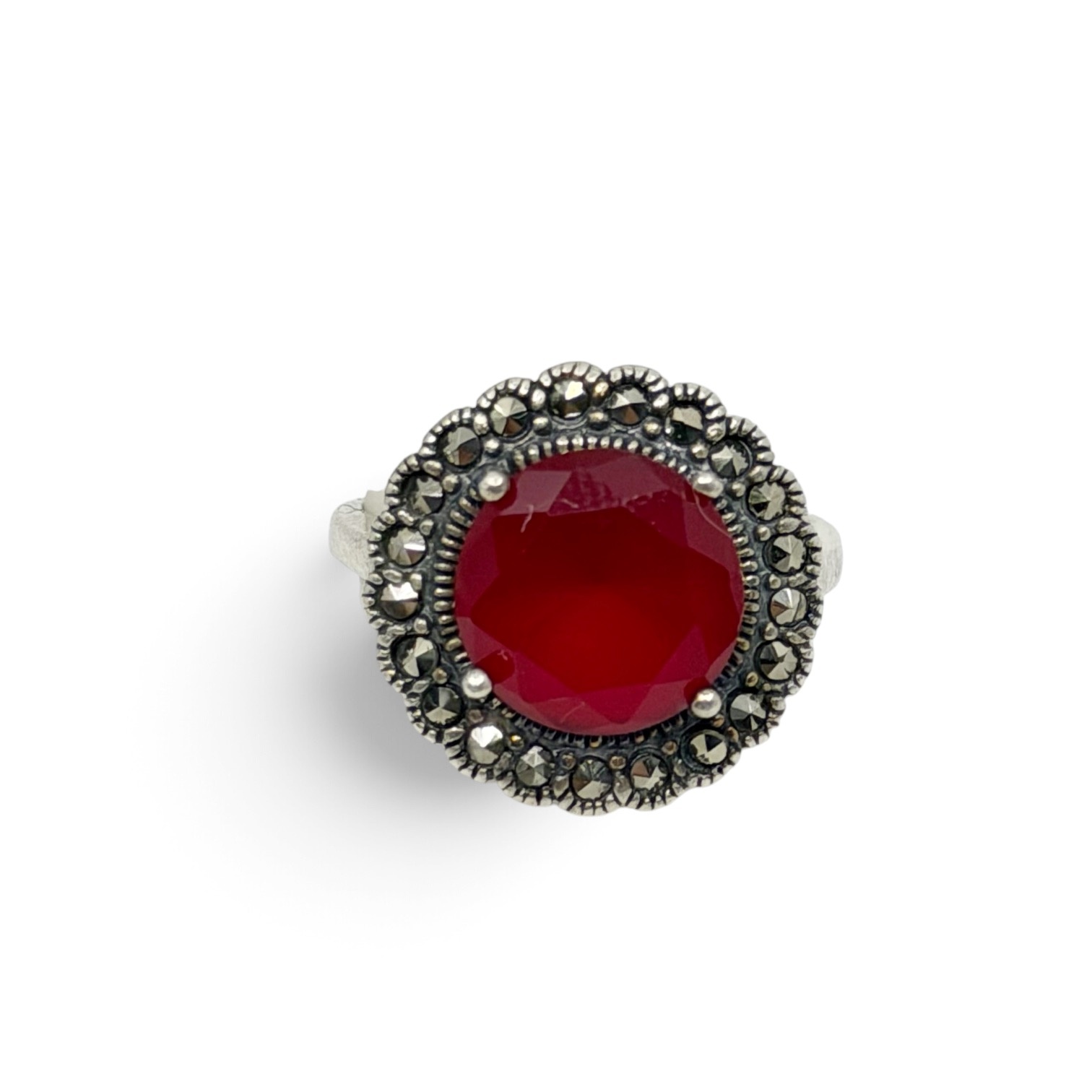 Vintage sterling silver synthetic ruby & marcasite ring - photo 3
