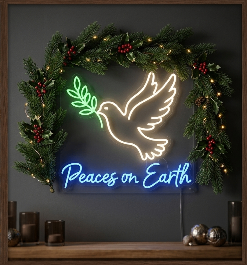 Christmas Decor 18" - "Peaces on Earth" Dove LED Neon Sign