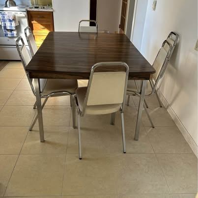Vintage Wood Grain Dining Table and 10 Chrome Chairs