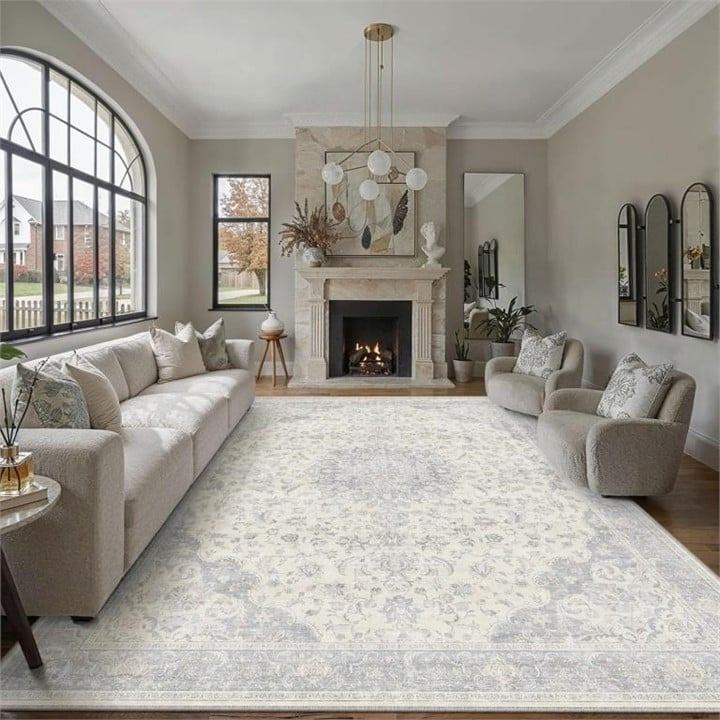 New - 8x10 Washable Area Rug / Carpet - Neutral Grey Vintage