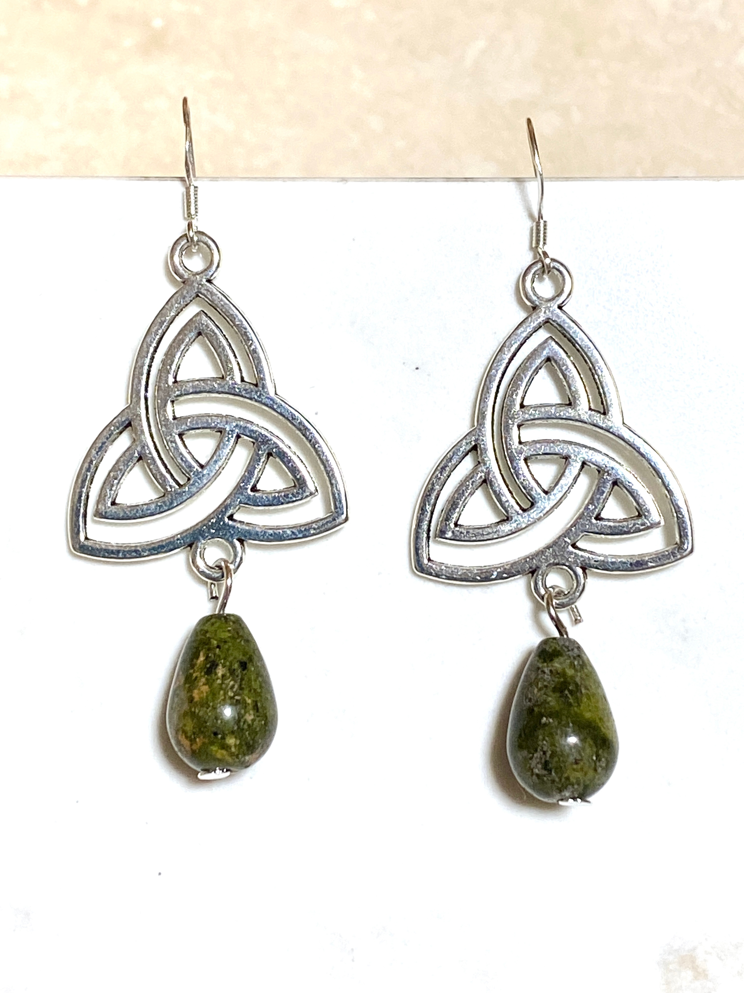Dark Green Unakite Triqueta Earrings, Sterling Silver Hooks