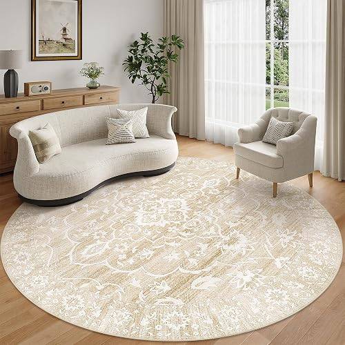 8ft Round Rug Washable Beige Grey Circle - photo 2