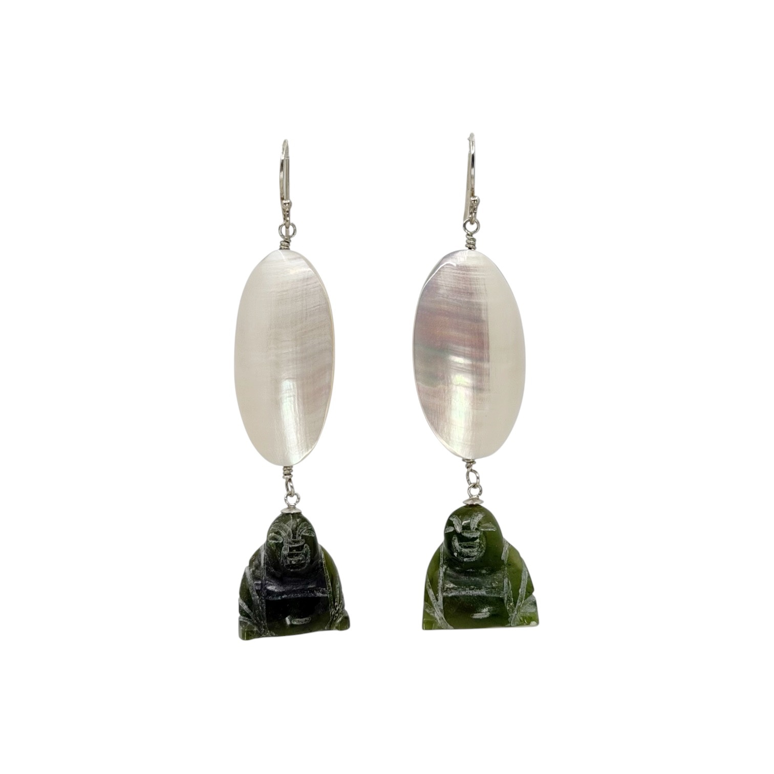 Sterling silver mother pearl & nephrite jade Buddha earrings