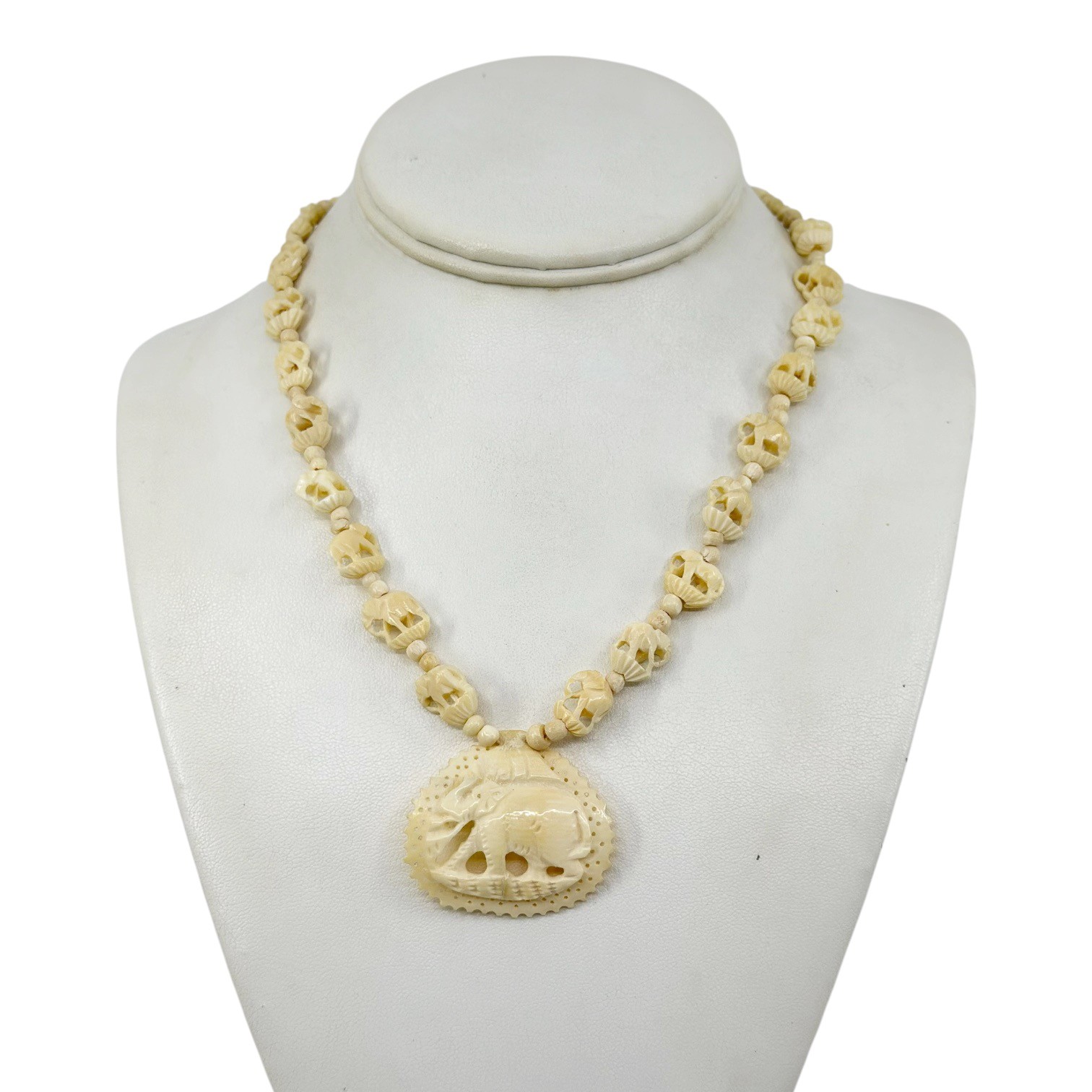 Vintage bone carved elephant bead necklace - GM1094 - photo 3
