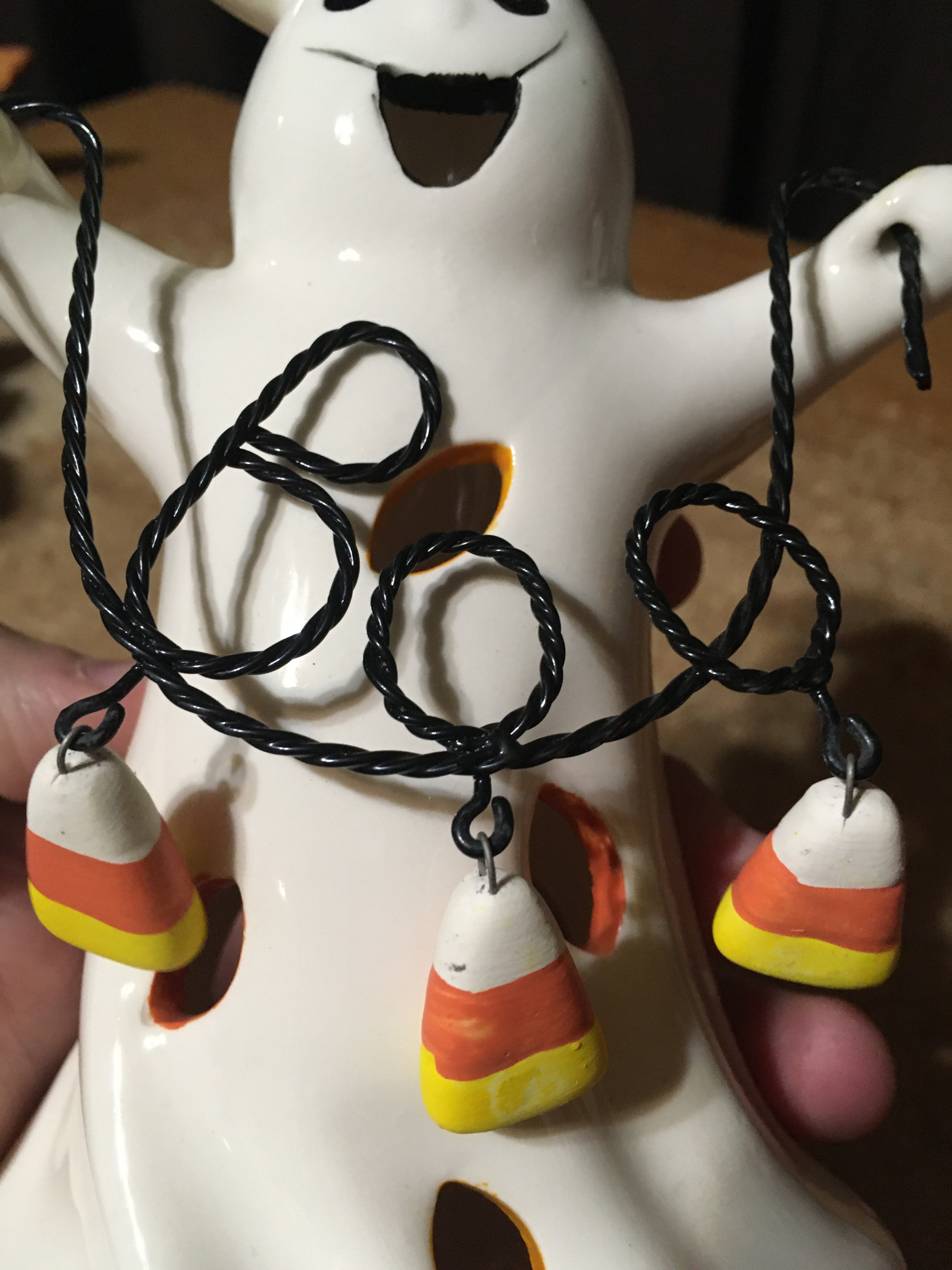 HALLOWEEN CERAMIC GHOST CANDLE HOLDER WIRE BOO HANGING CANDYCORN - photo 3