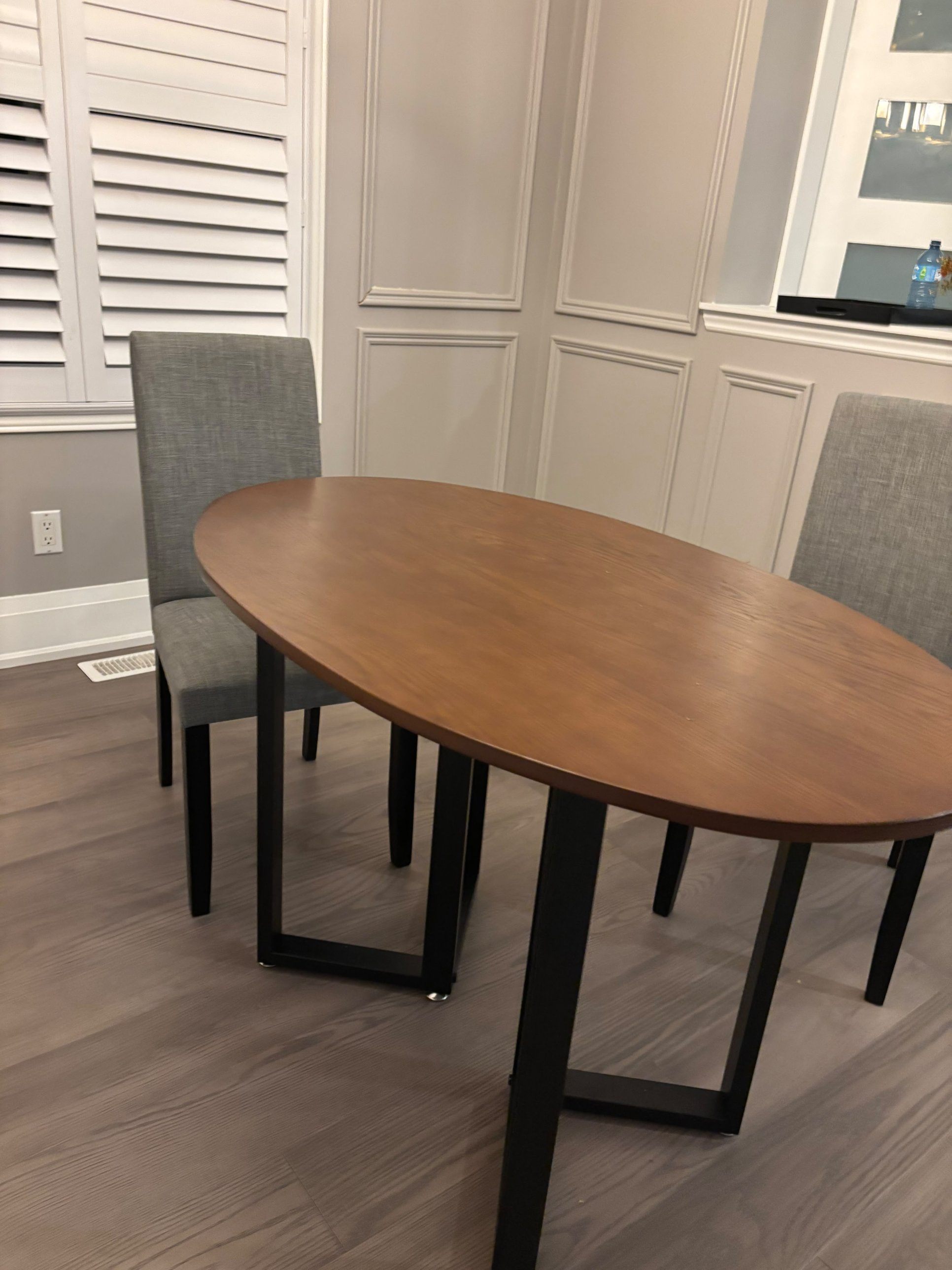 Round Walnut Dining Table + 2 Grey Chairs - Modern Set